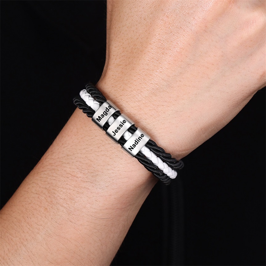 Mens Leather Bracelet Braided Layered Leather with 3 Beads Silver and Gold-Jessemade AU