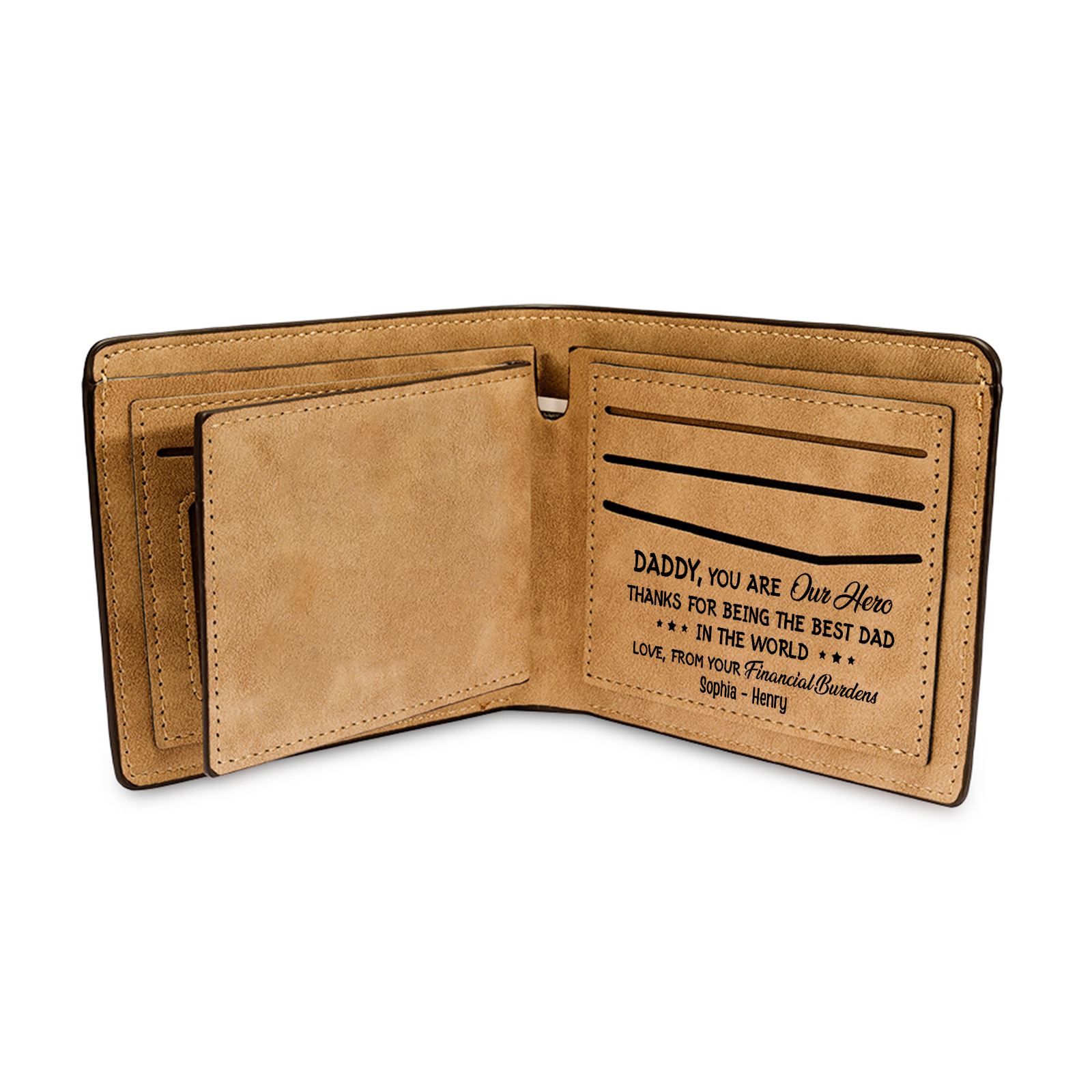 Best Dad Ever - Custom 3 Names & 1 Text Billfold Wallet Personalised Fist Bump Men's Leather Wallet