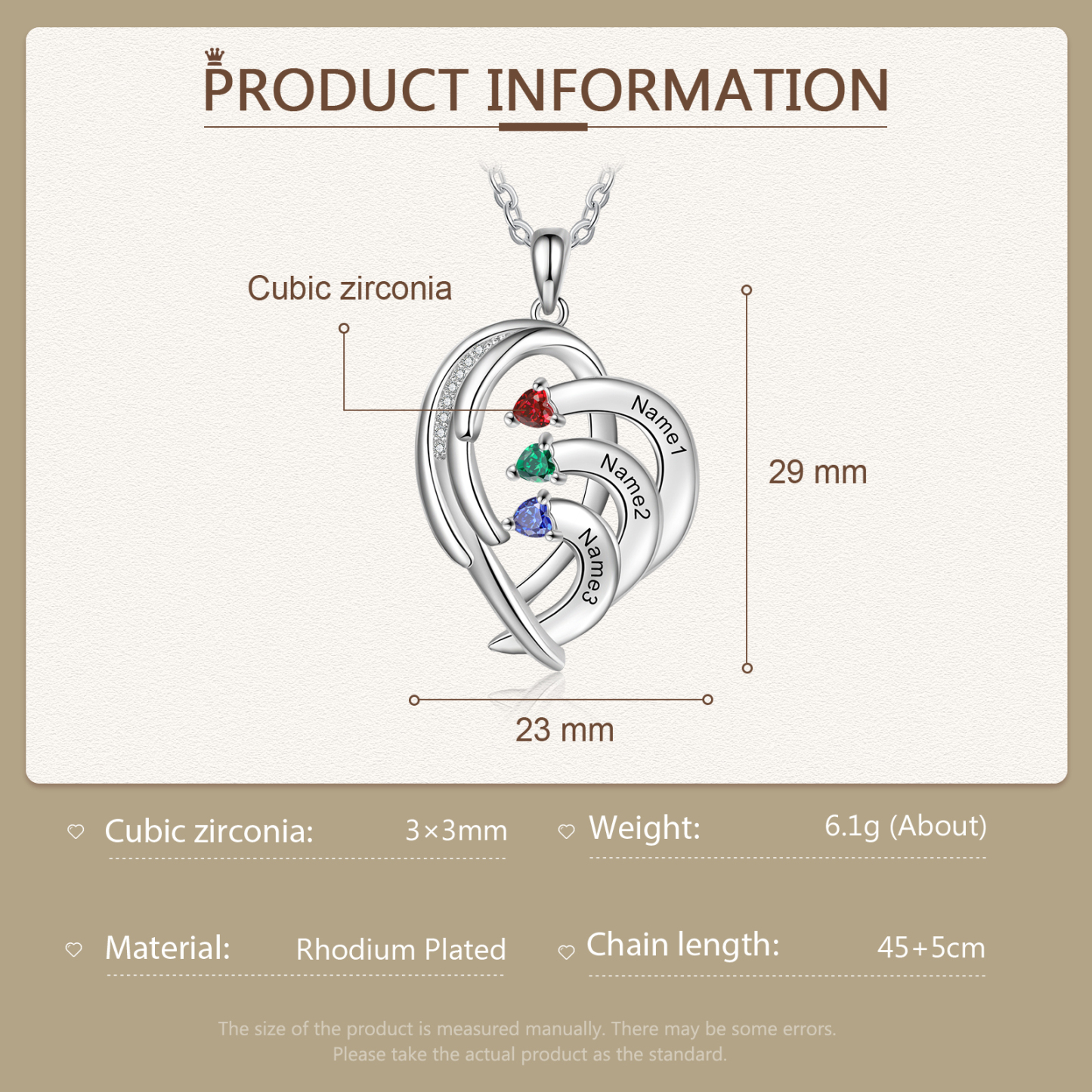 Personalised Heart Wings Necklace With 3 Birthstones Custom Names Necklace Gift For Her-Jessemade AU