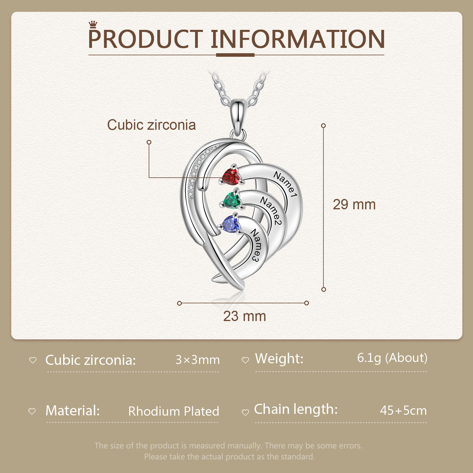 Personalised Heart Wings Necklace With 3 Birthstones Custom Names Necklace Gift For Her-Jessemade AU