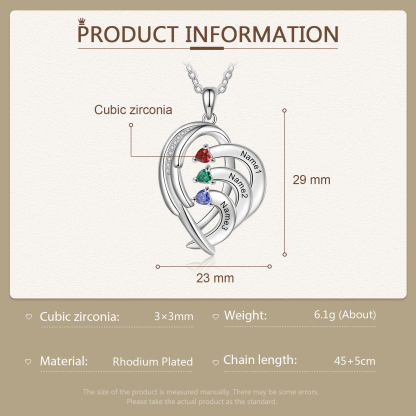 Personalised Heart Wings Necklace With 3 Birthstones Custom Names Necklace Gift For Her-Jessemade AU
