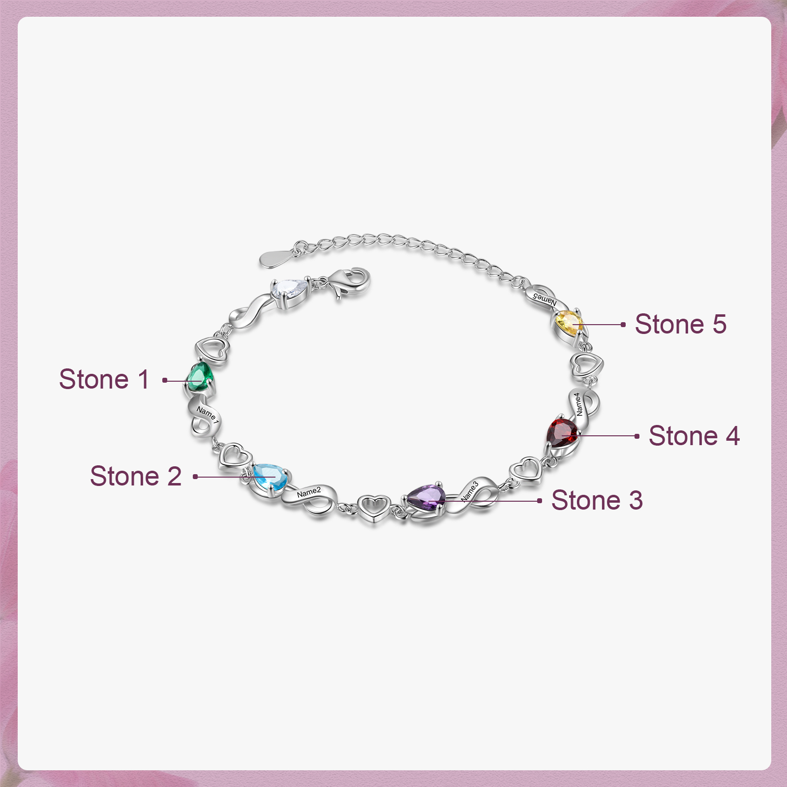 Personalised 5 Birthstones Heart Bracelet Engraved Names Bracelet Gifts For Women-Jessemade AU