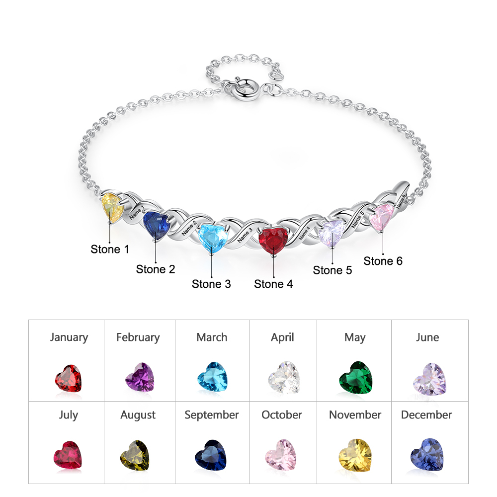 Personalised Bracelet With 6 Heart Birthstones Engraved Names Bracelet Gift For Women-Jessemade AU