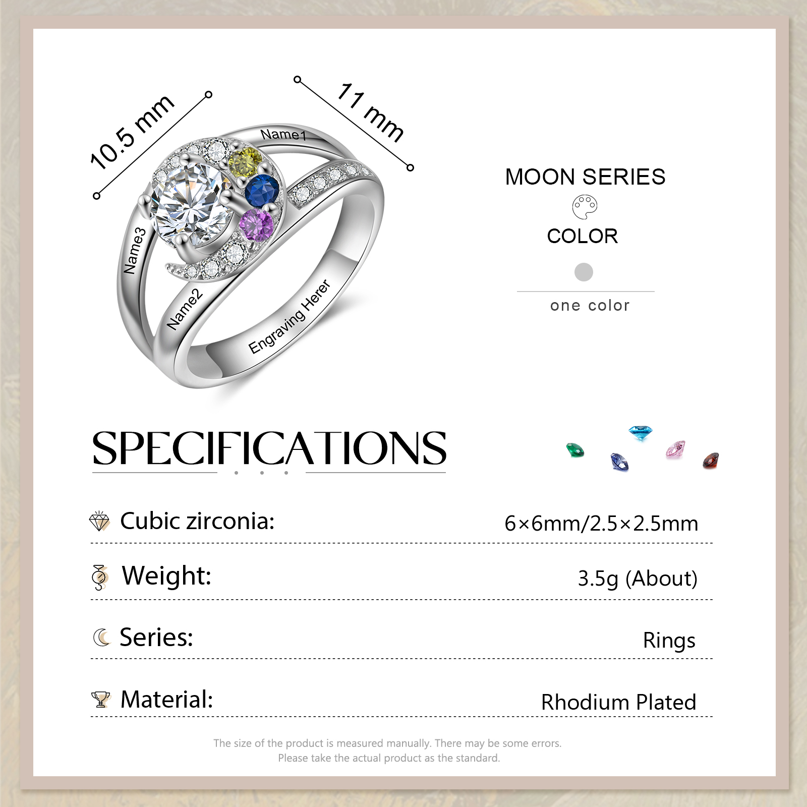 Personalised Moon Star Ring With 3 Birthstones Custom Names Best Gift For Women-Jessemade AU
