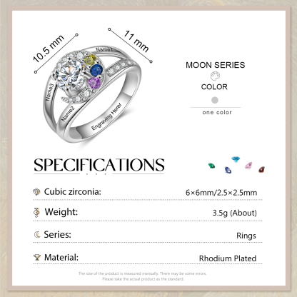 Personalised Moon Star Ring With 3 Birthstones Custom Names Best Gift For Women-Jessemade AU