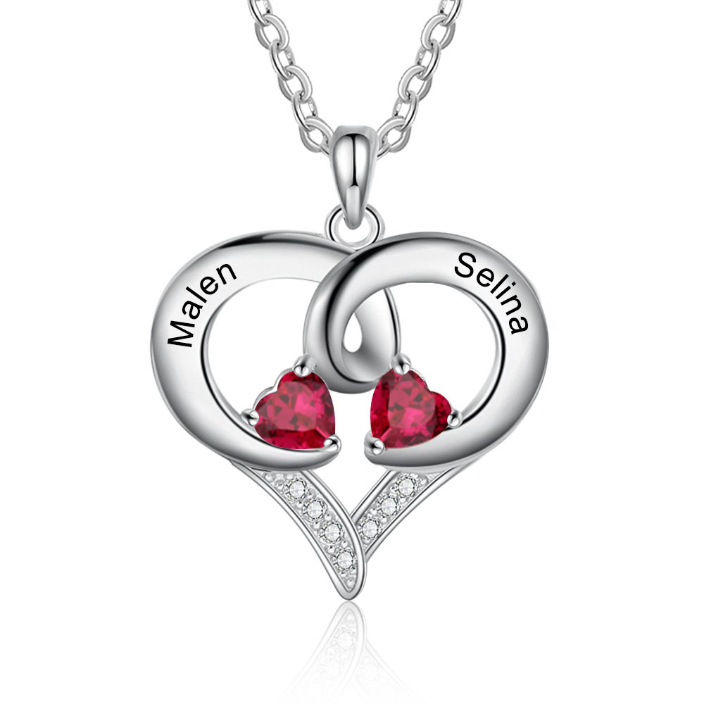 Customised Birthstones Heart Necklace Engraving 2 Names Gifts for Her-Jessemade AU