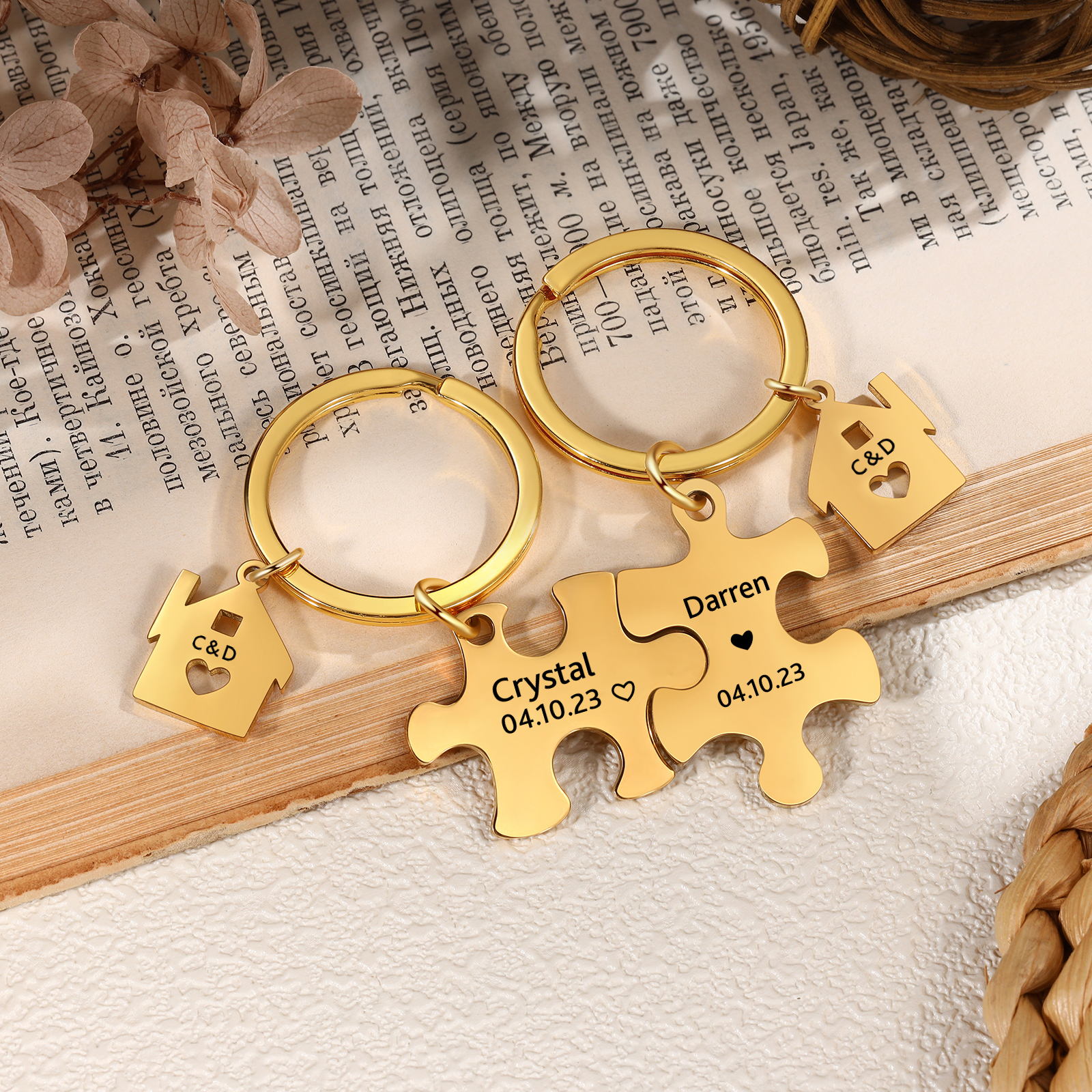 2 PCS Couple Keychain Set Custom 2 Names & 2 Letters & Date Keyring Puzzle Keychain Valentine's Day Personalised Gift for Him/Her-Jessemade AU