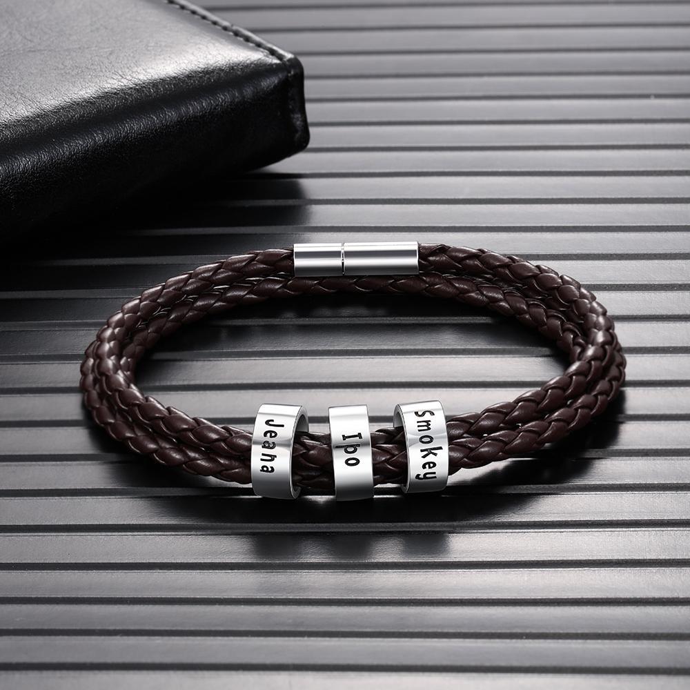 Leather Braided Bracelet Men Bracelets Personalised 3 Names 3 Beads Gift For Dad-Jessemade AU