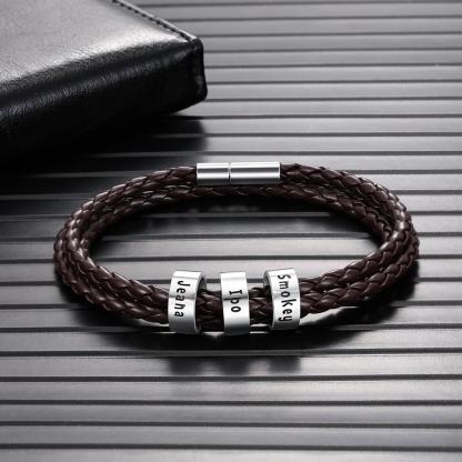 Leather Braided Bracelet Men Bracelets Personalised 3 Names 3 Beads Gift For Dad-Jessemade AU