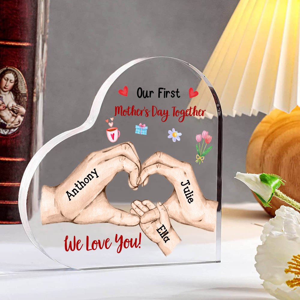 Our First Mother's Day Together - Personalised Text Acrylic Heart Keepsake Family Hands Custom 3 Names Ornaments-Jessemade AU