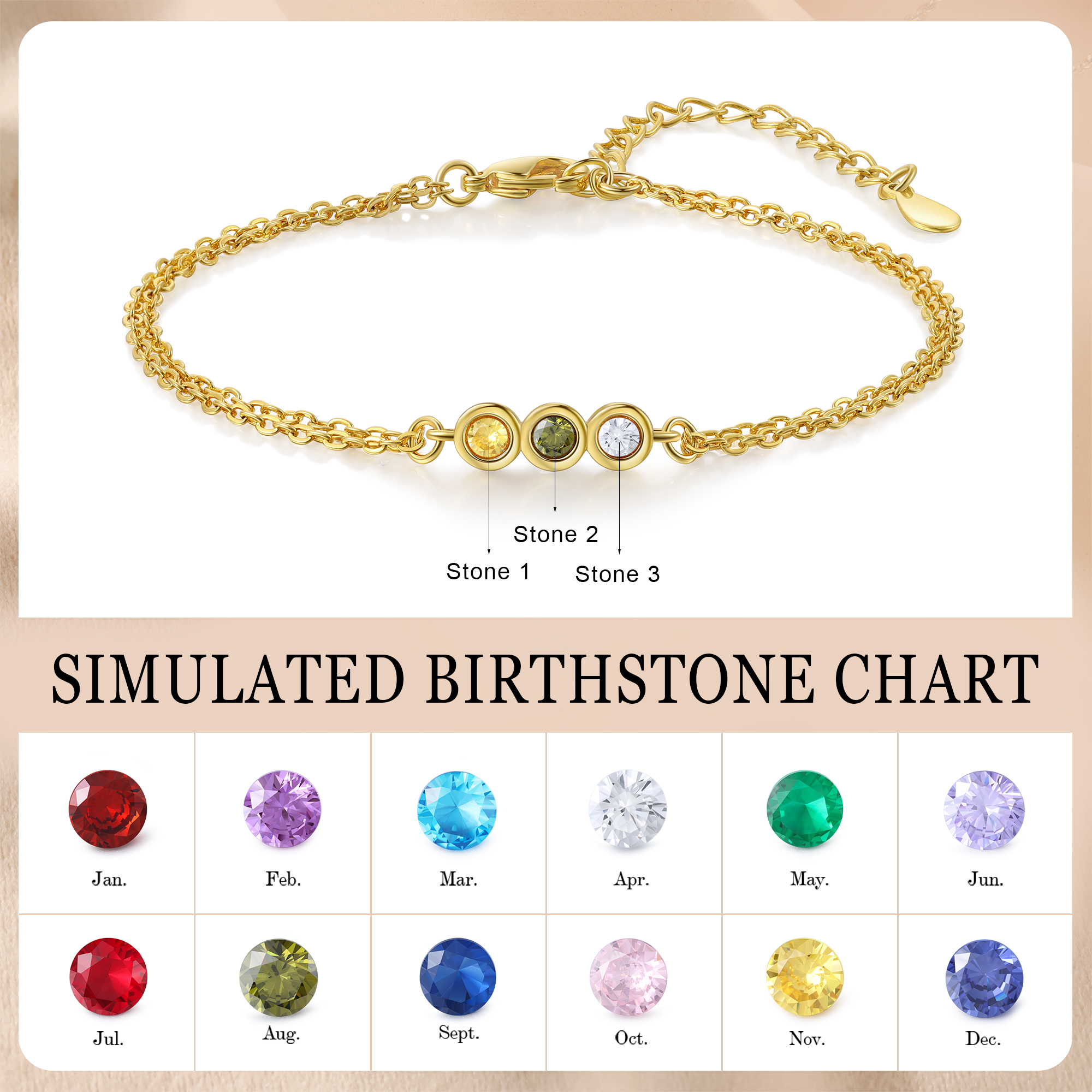 Personalised Bracelet Custom 3 Birthstones Adjustable Bracelet Gifts for Ladies Girls