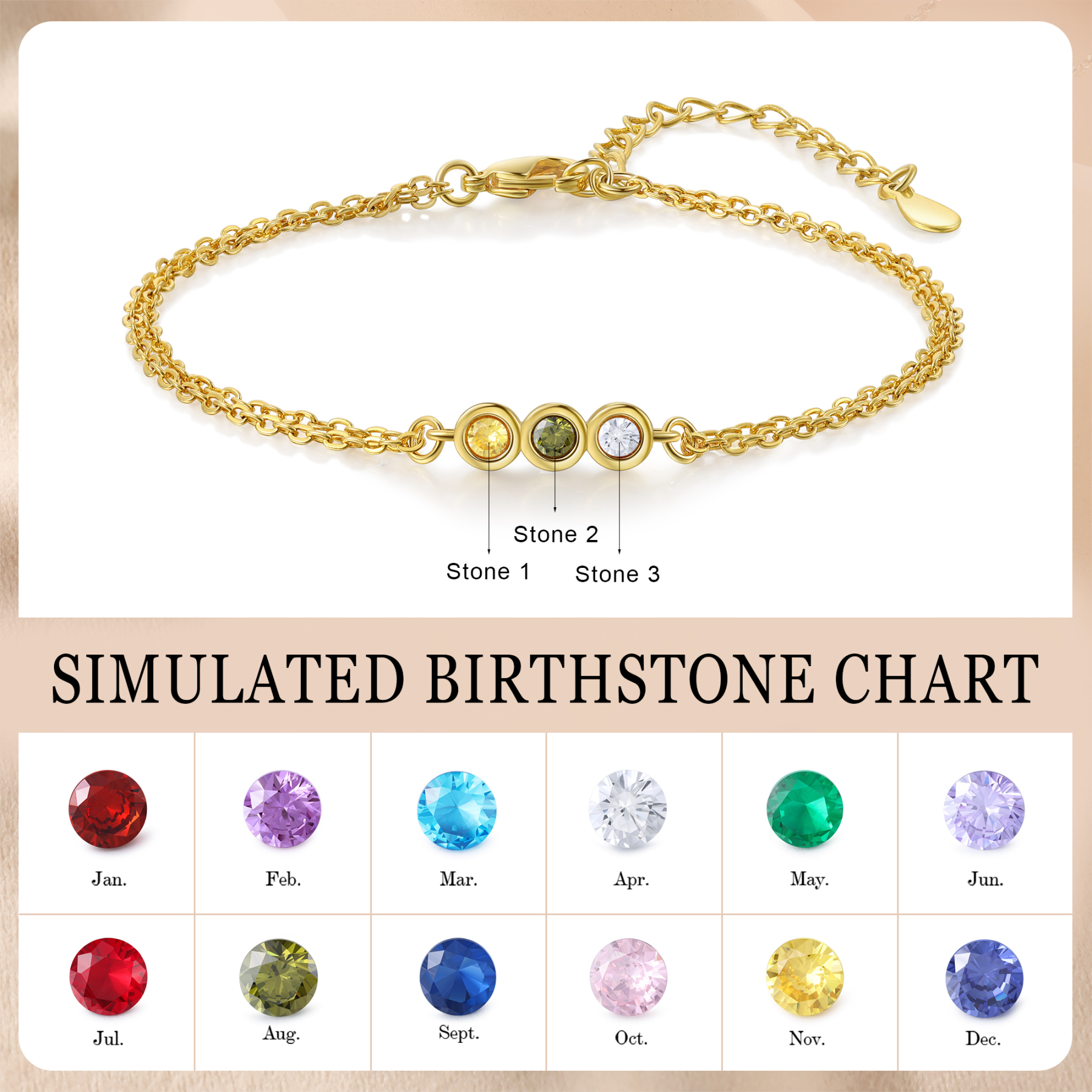 Personalised Bracelet Custom 3 Birthstones Adjustable Bracelet Gifts for Ladies Girls-Jessemade AU
