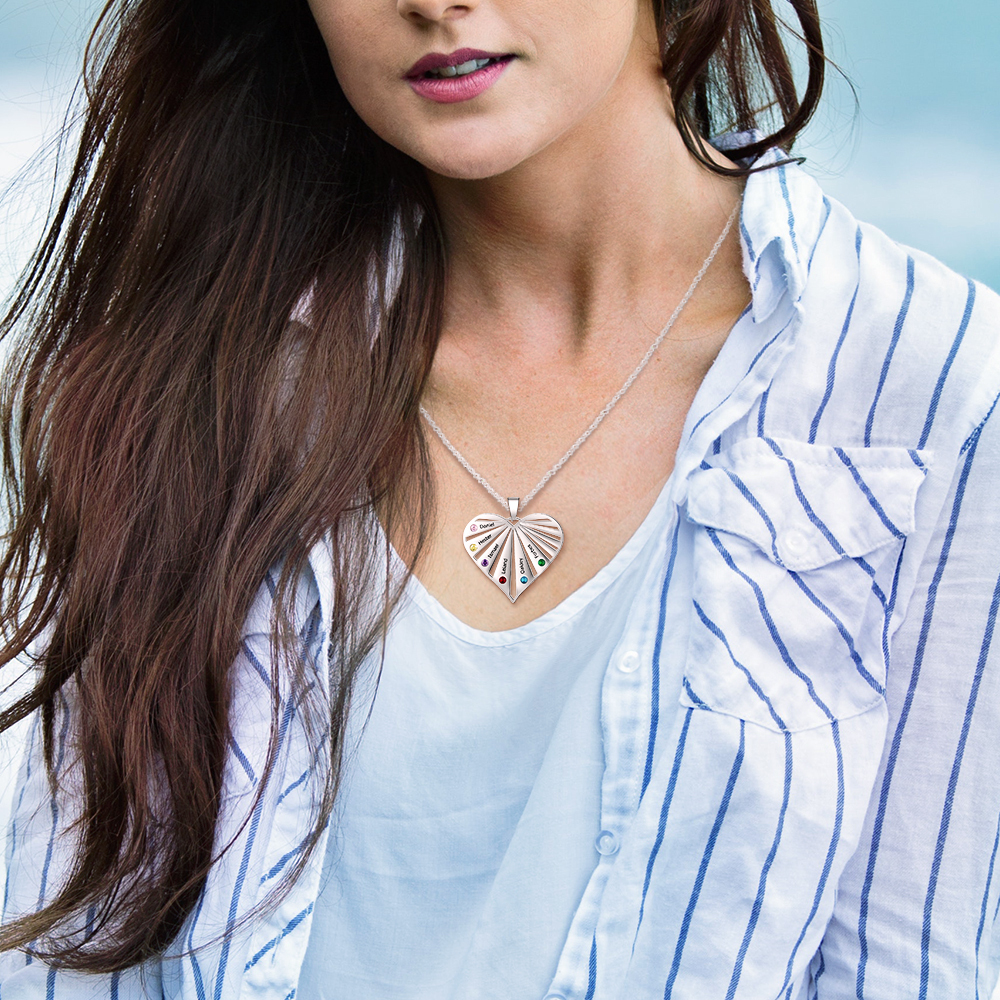 Personalised Heart Necklace With 6 Birthstones Engraved Names Gift For Her-Jessemade AU