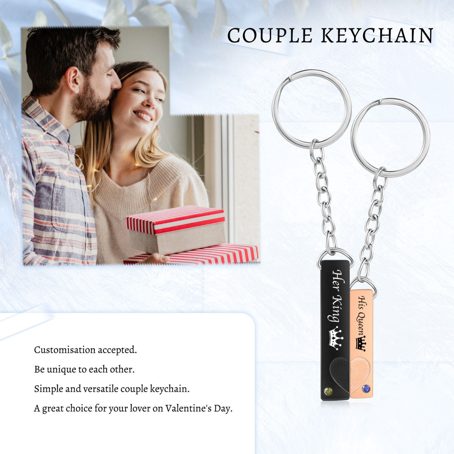 2 PCS Couple Keychain Set Customised with Texts & Birthstones Keychain Crown Gift for Couples-Jessemade AU