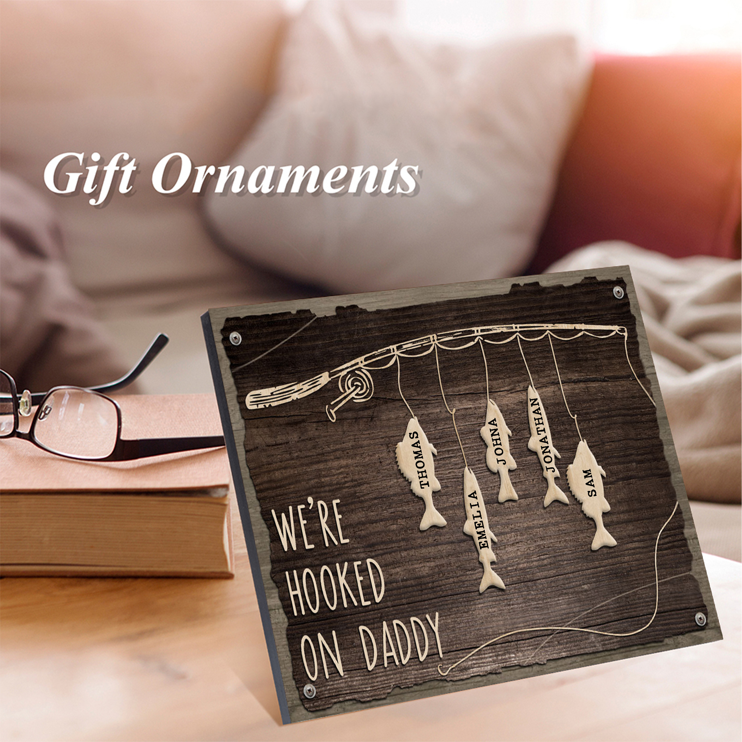 Father's Day Gifts Wood Signs Engrave 5 Names Frame Keepsake -We've Hooked On Daddy-Jessemade AU