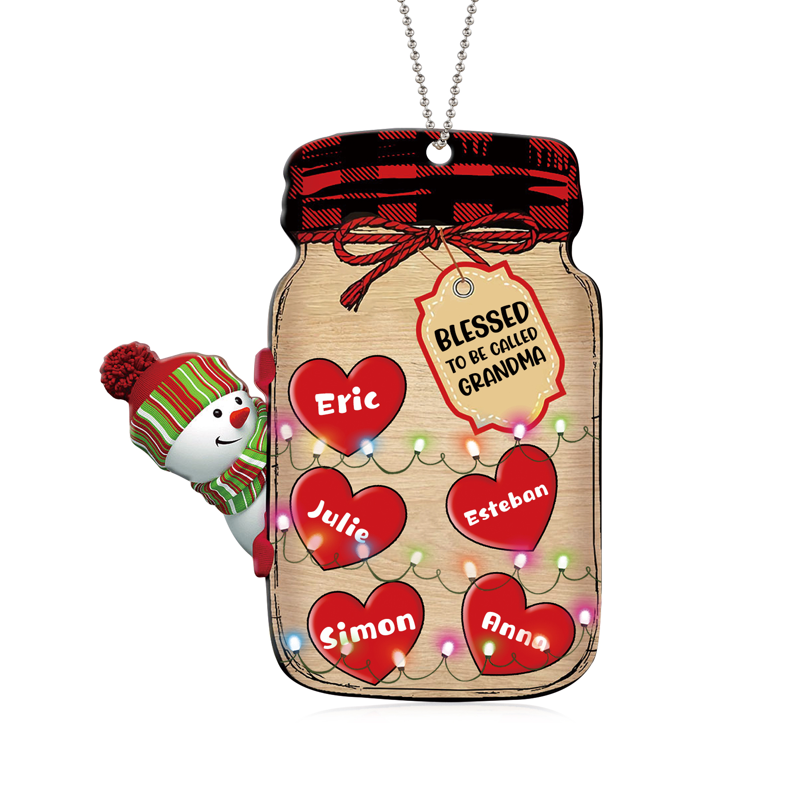 5 Names - Personalised Heart Christmas Ornament Customised Name & Text Acrylic Snowman Hanging Ornaments Jar Gift for Family-Jessemade AU