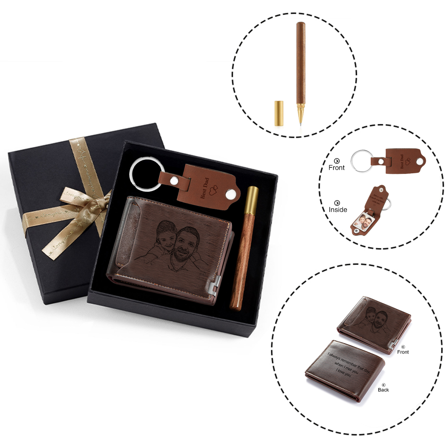 Personalised 3 Texts & 2 Photos Gift Set Custom Wallet & Keychain & Pen Gift Box Set Father’s Day Gift for Him-Jessemade AU