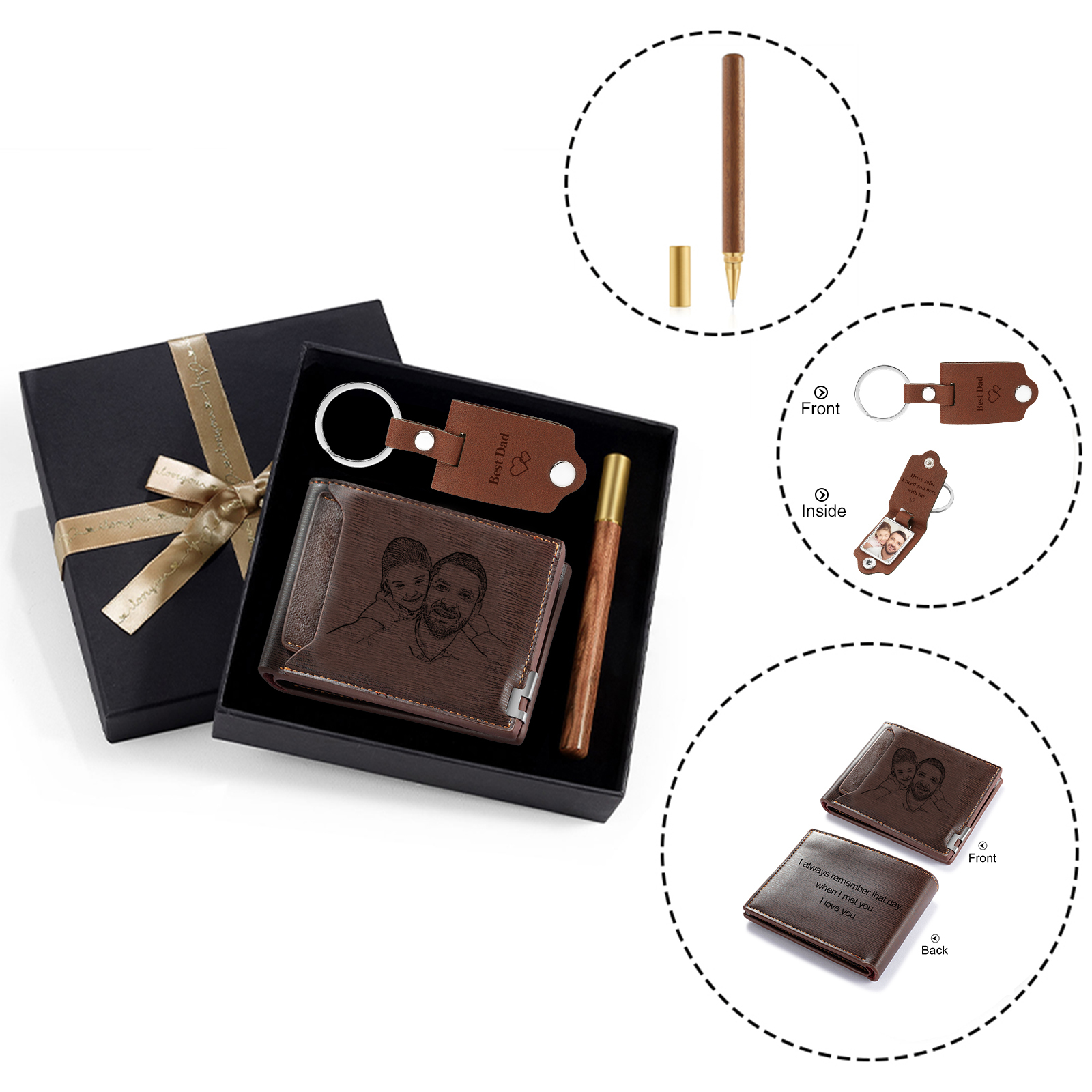 Personalised 3 Texts & 2 Photos Gift Set Custom Wallet & Keychain & Pen Gift Box Set Father’s Day Gift for Him-Jessemade AU