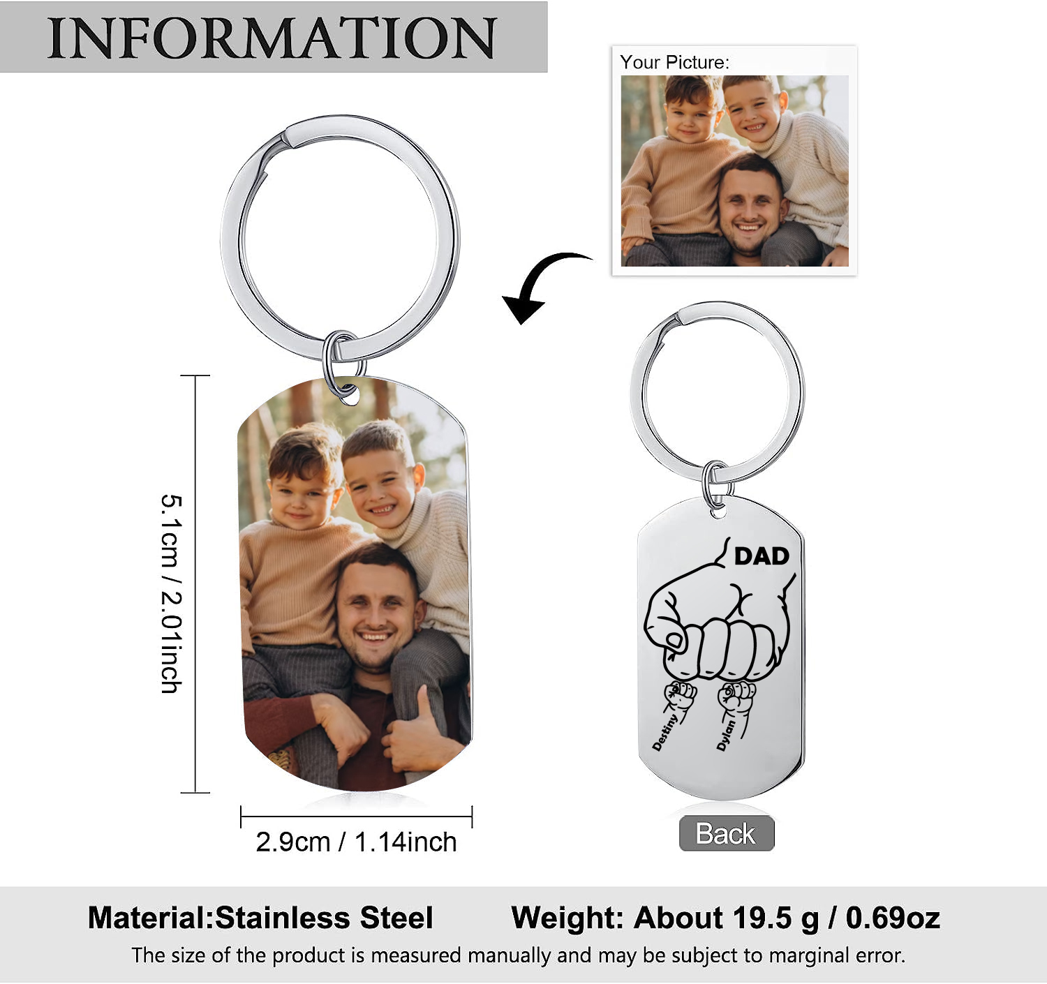 Dad Fist Bump Personalised Photo Keychain Engrave 2 Names Father's Day Gifts-Jessemade AU