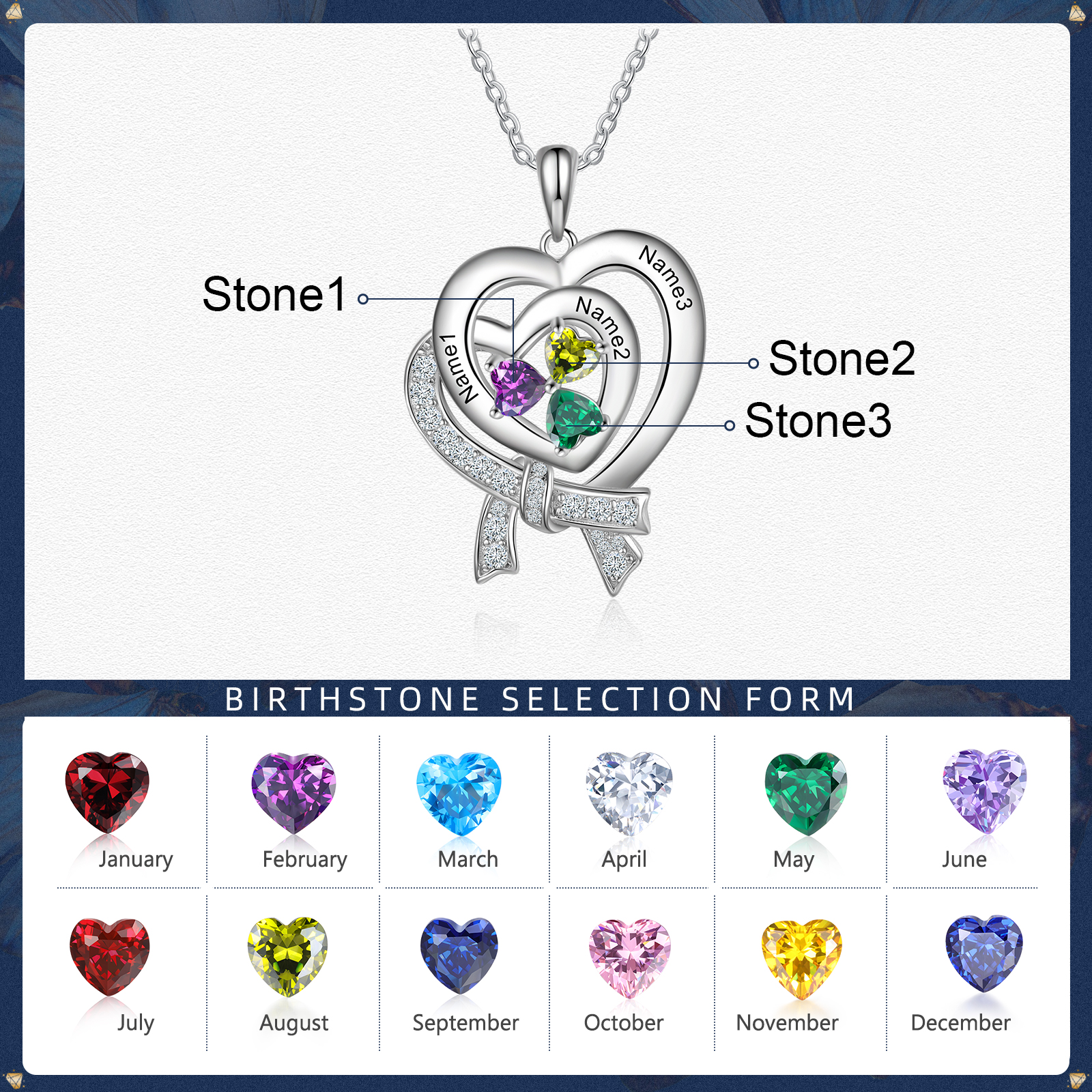 Personalised Heart Necklace With 3 Birthstones Custom Names Best Gift For Women-Jessemade AU