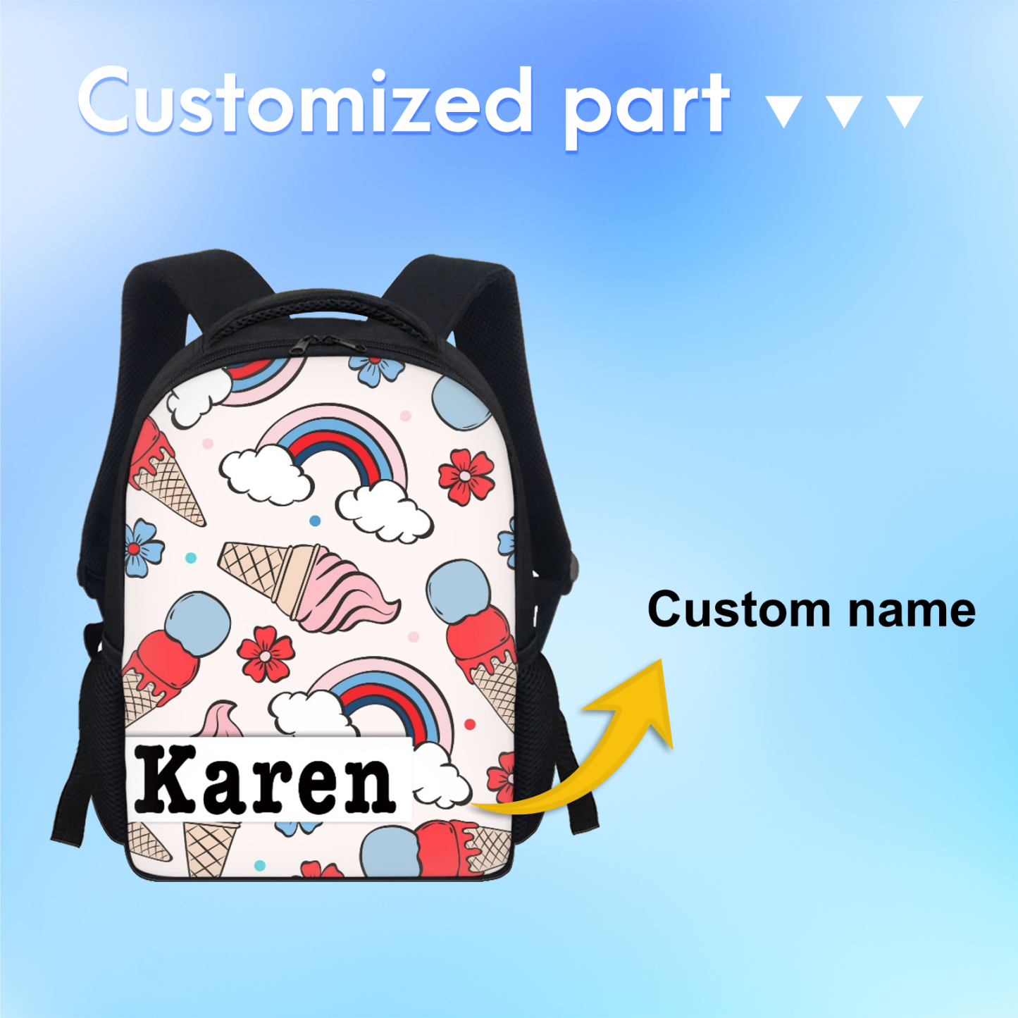 Custom Name Schoolbag Ice Cream Rainbow Backpack Personalised School Bag for Kids-Jessemade AU