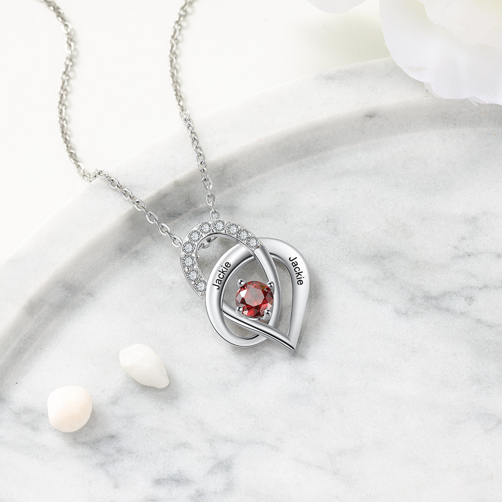 Personalised Heart Necklace With 1 Birthstone Engraved Names Gift For Women-Jessemade AU