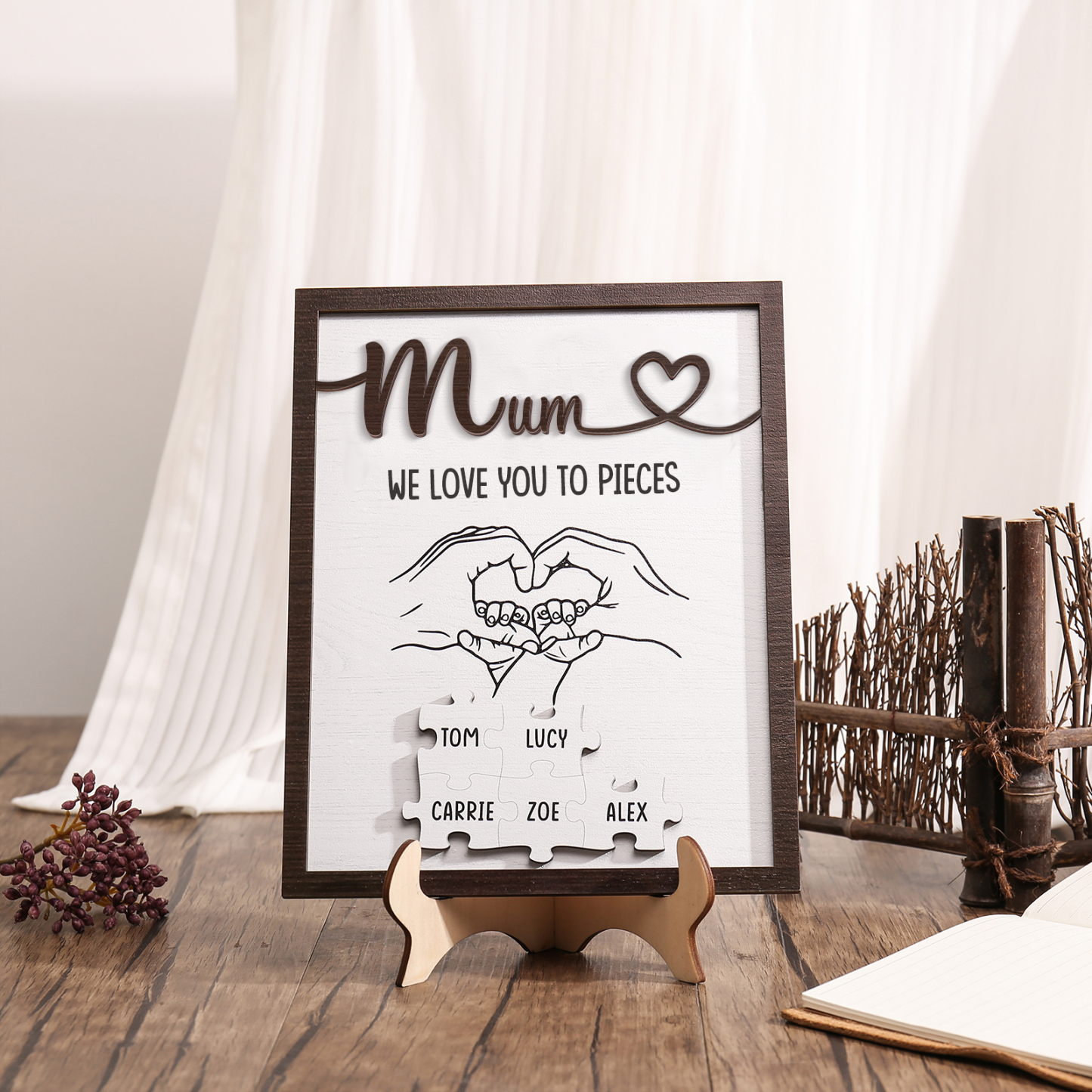 Personalised Puzzle Pieces Wooden Plaque Custom 5 Names & Text & Salutation Holding Hands Family Wooden Sign With Stand Gifts for Mum-Jessemade AU