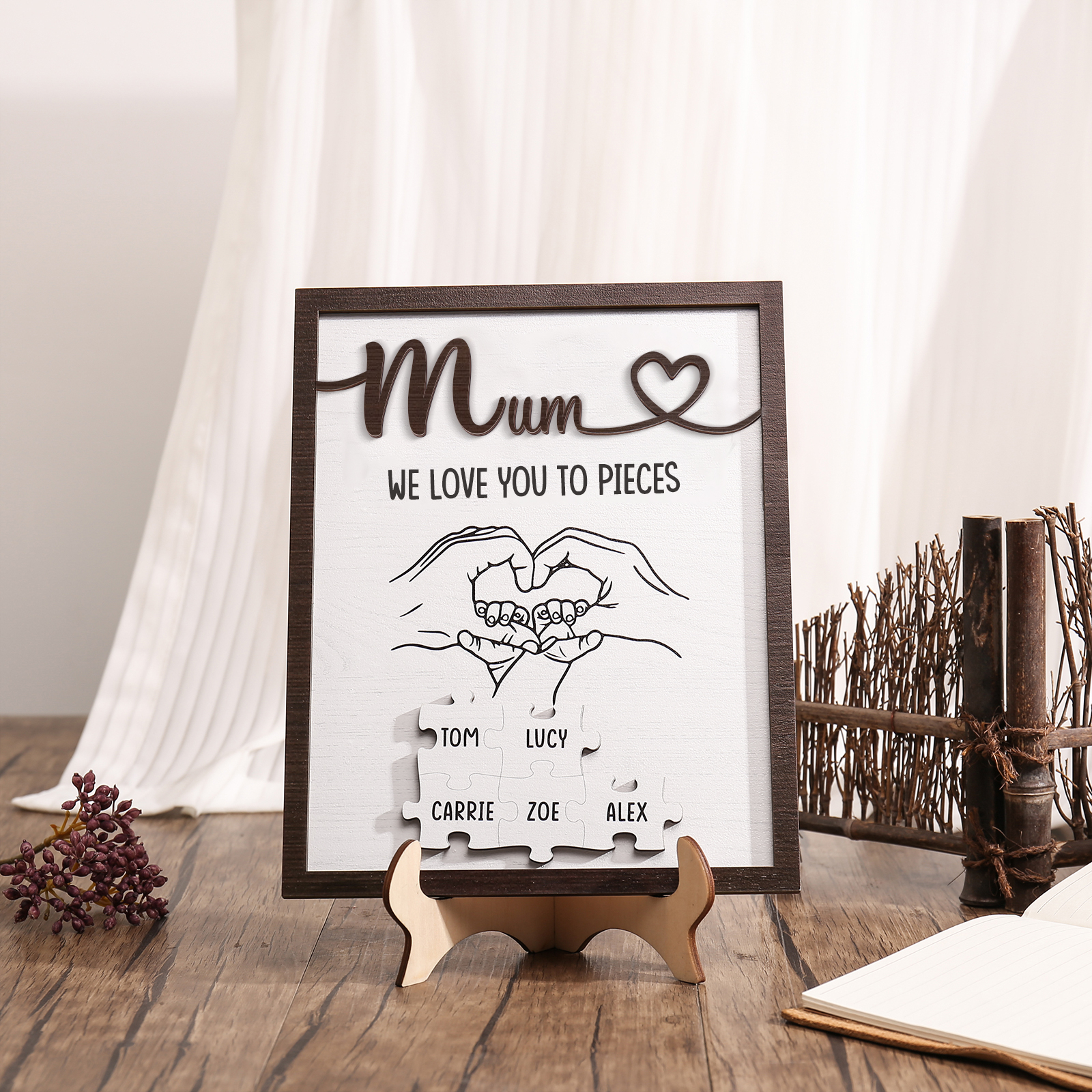 Personalised Puzzle Pieces Wooden Plaque Custom 5 Names & Text & Salutation Holding Hands Family Wooden Sign With Stand Gifts for Mum-Jessemade AU