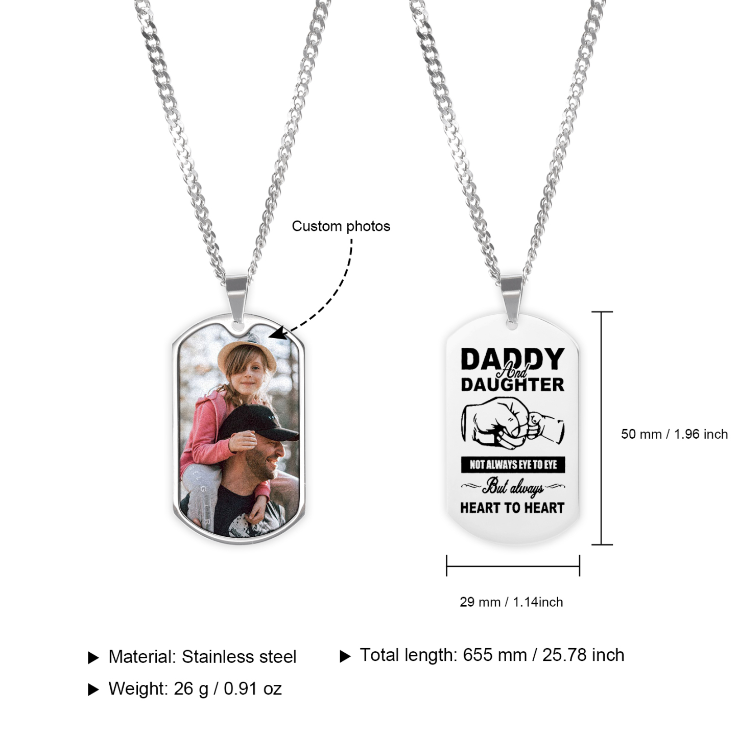 Personalised Photo Mens Necklace With Engraved Daddy and Daughter Fist Bump Dog Tag Pendant - Father's Day Gifts for Dad | Jessemade-Jessemade AU