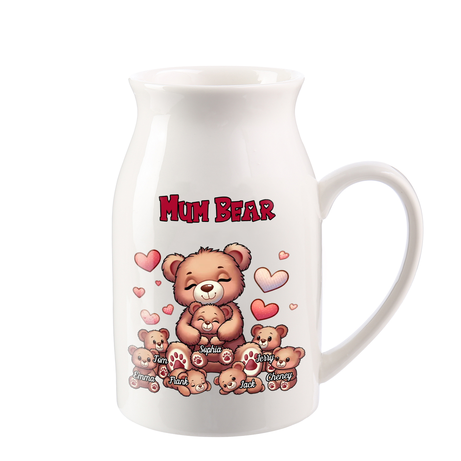 Personalised Ceramic Flower Vase Custom 2–8 Names & 1 Text Bear Family Vase Gift for Mother/Grandma-Jessemade AU