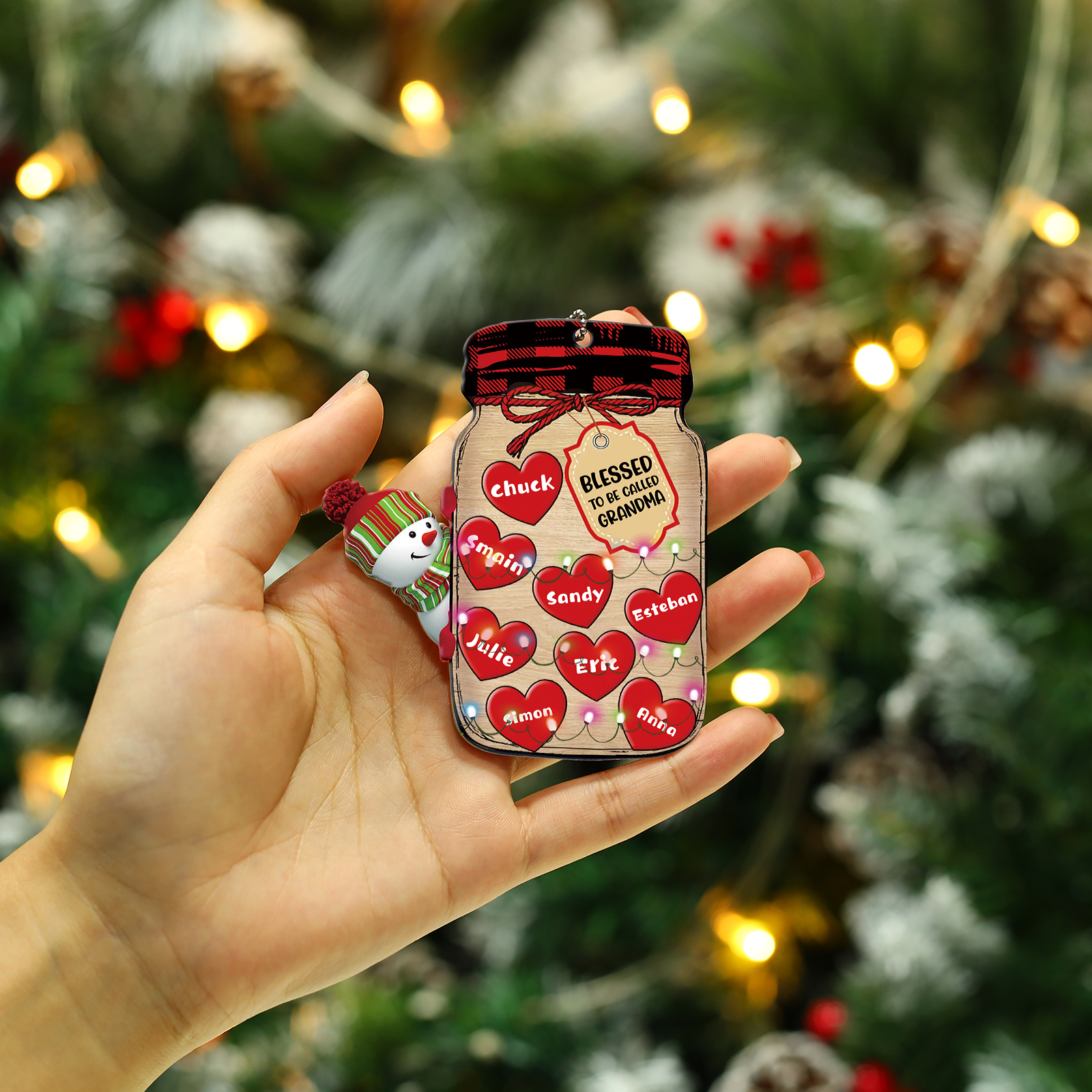 8 Names - Personalised Heart Christmas Ornament Customised Name & Text Acrylic Snowman Hanging Ornaments Jar Gift for Family-Jessemade AU