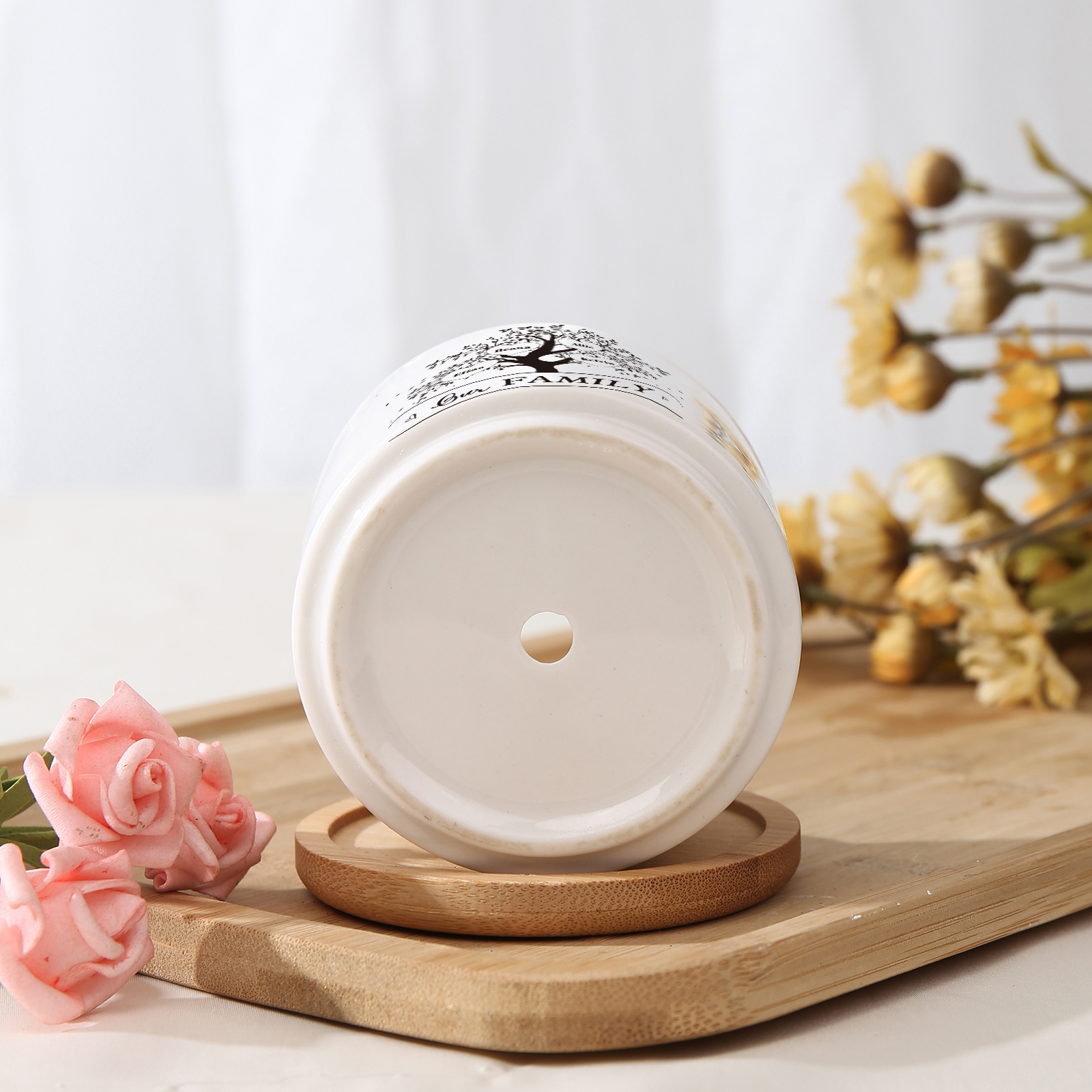 Personalised Ceramic Flowerpot with Wooden Base Custom 4 Names & 1 Text Family Tree Flowerpot Gift for Mother/Grandma-Jessemade AU