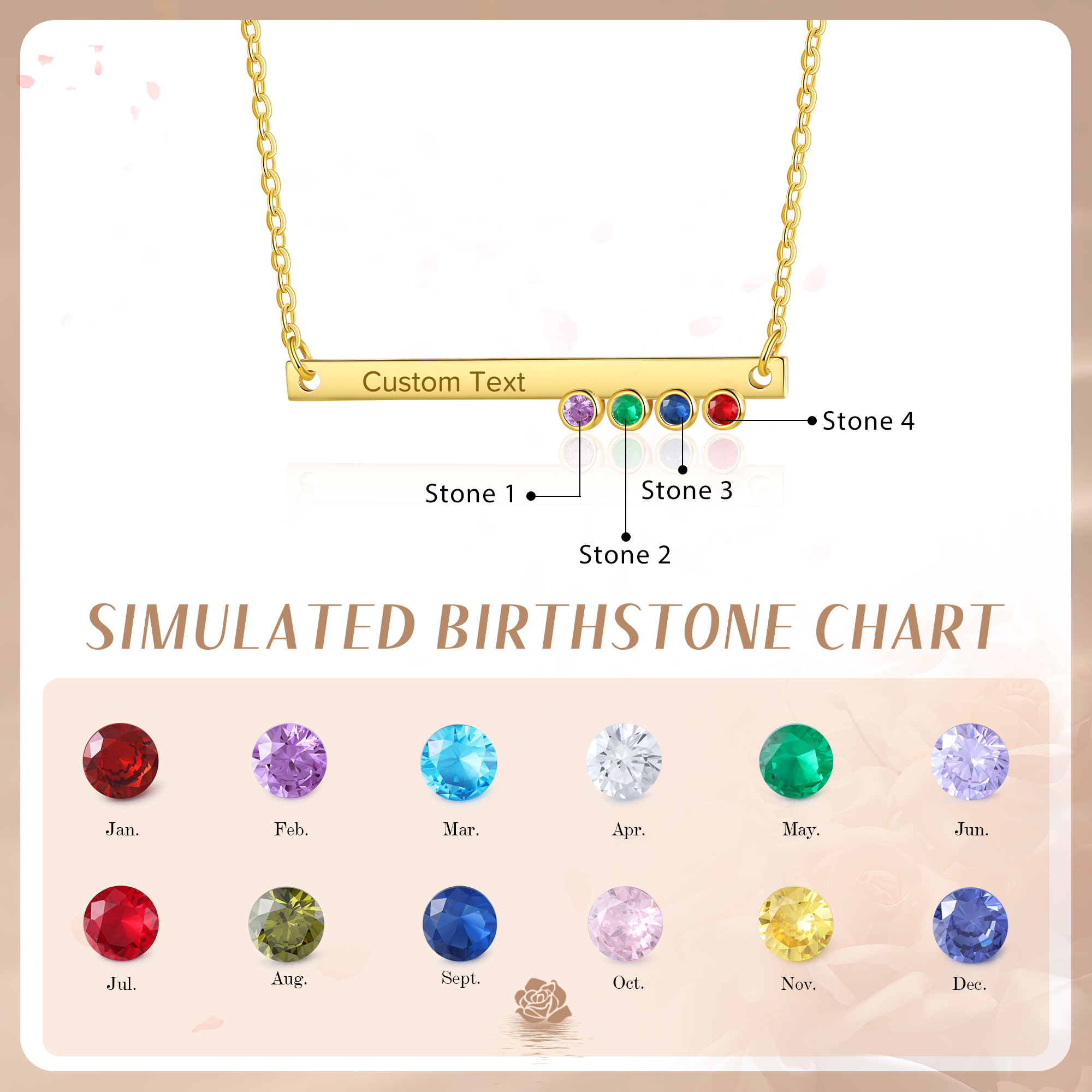 Personalised Bar Necklace Custom 1 Text & 4 Birthstones Necklace Gift for Her-Jessemade AU