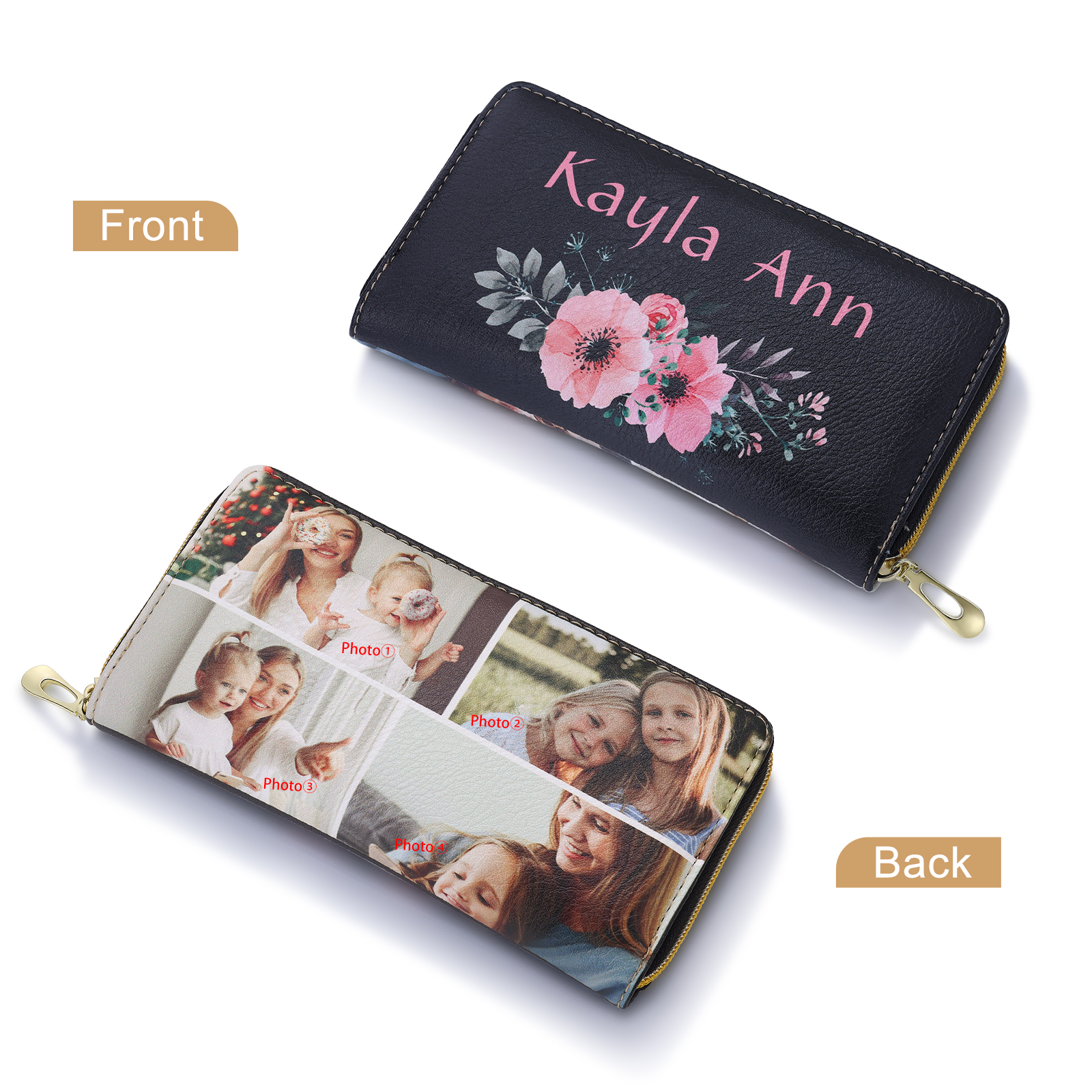 Long Purse Personalised Flower Leather Wallet Engraved 4 Photos Zip Wallet Gifts for Her-Jessemade AU