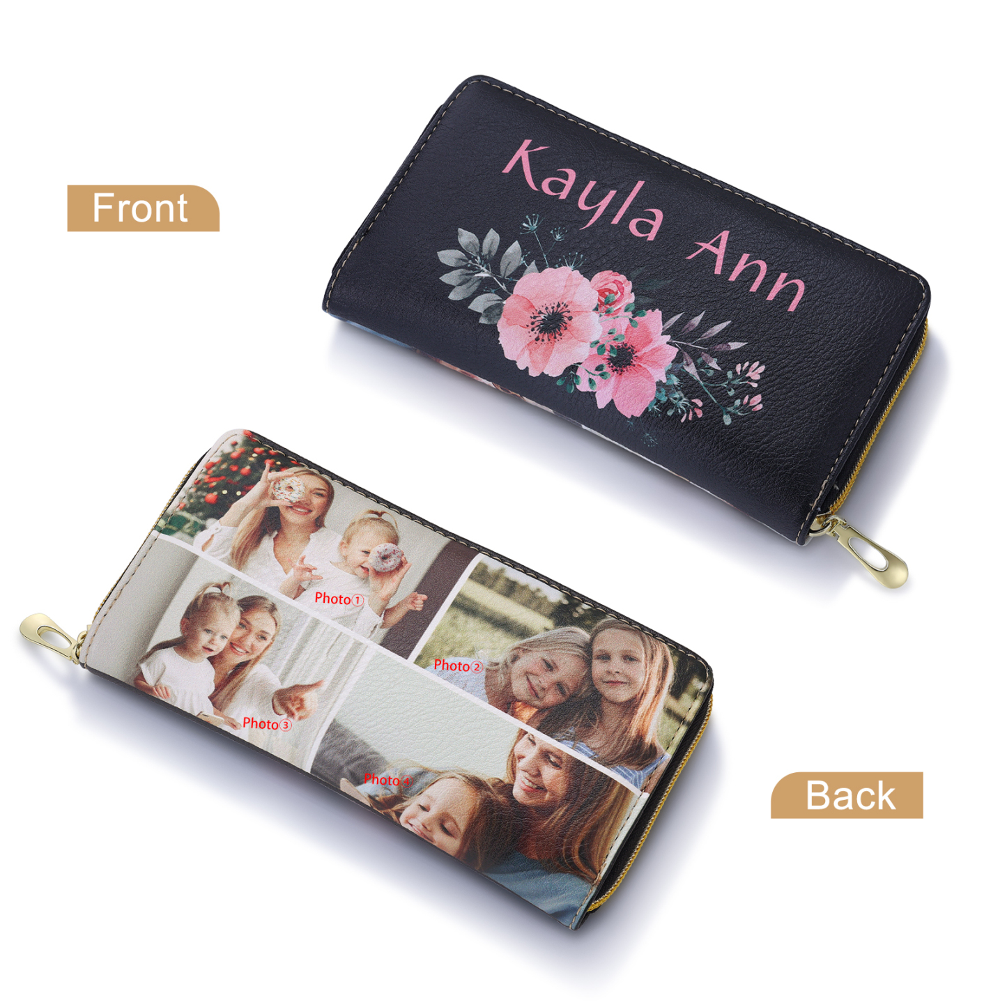 Long Purse Personalised Flower Leather Wallet Engraved 4 Photos Zip Wallet Gifts for Her-Jessemade AU