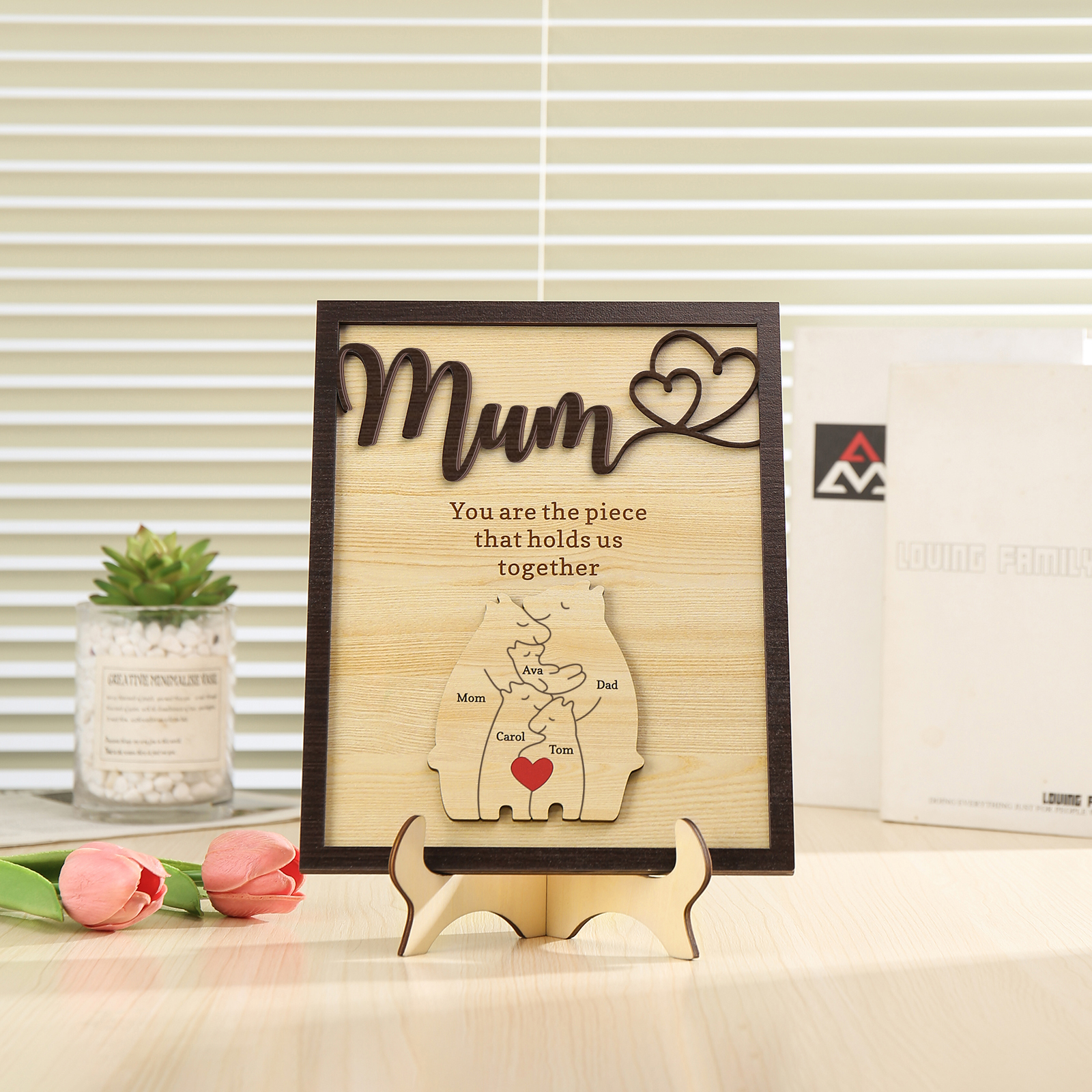 Personalised Bear Puzzle Pieces Wooden Plaque Custom 5 Names Family Ornament With Stand Gifts for Mum - You Are The Piece That Holds Us Together-Jessemade AU