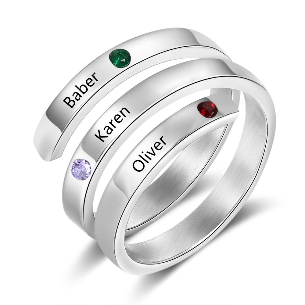 Personalised Ring With 3 Birthstones Engraved Names Ring Gift For Women-Jessemade AU
