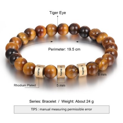 Brown Tiger Eye Men's  3 Name Bracelet Gift For Him-Jessemade AU