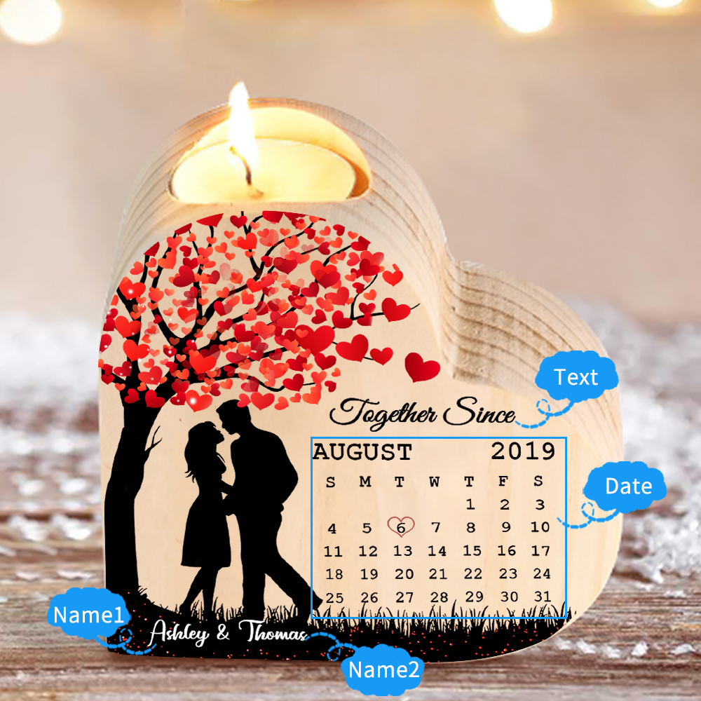Wooden Couple Candle Holder Custom 2 Names & Date & Text Candlesticks Calendar Valentine's Day Gifts for Couples-Jessemade AU