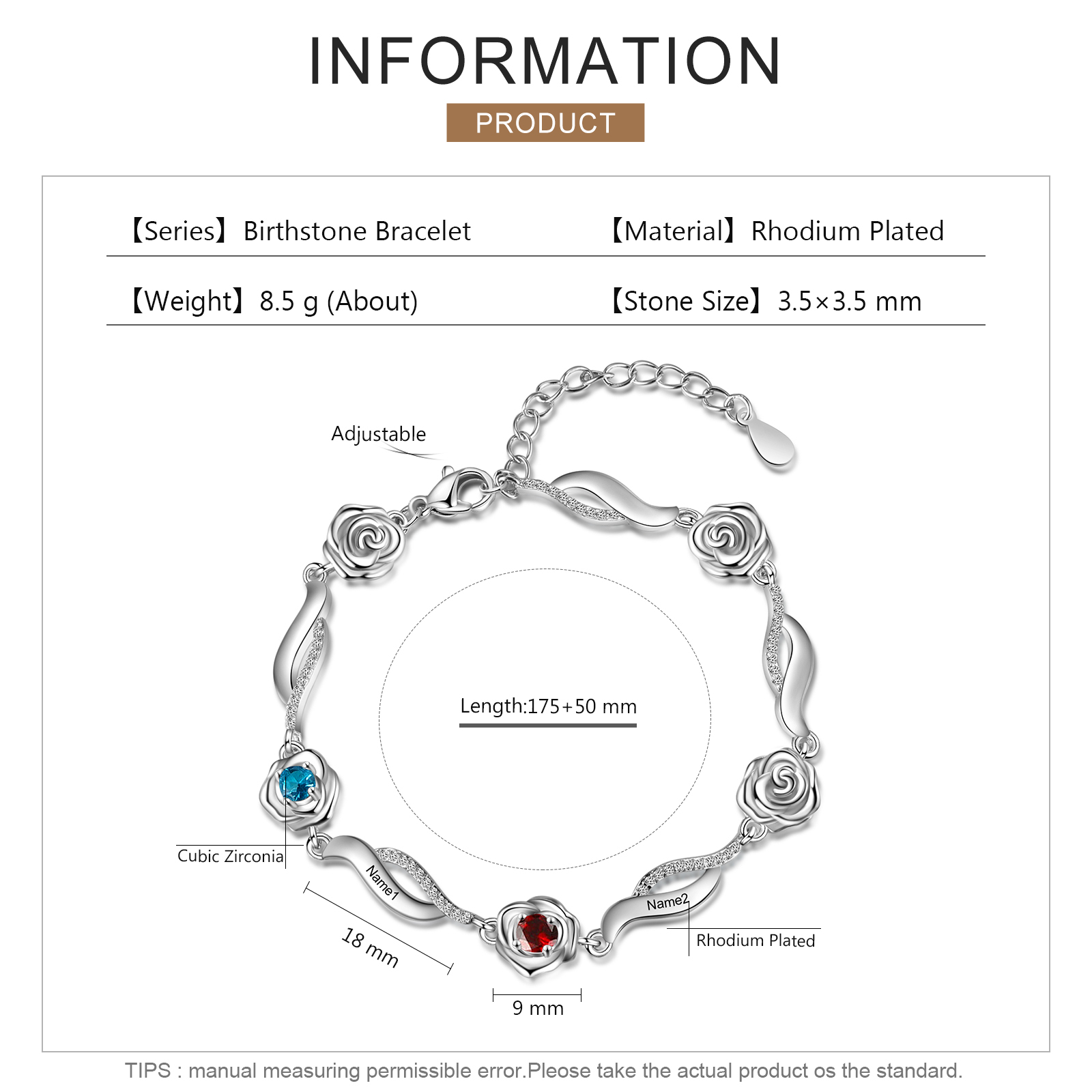 Personalised Rose Bracelet With 2 Birthstones Custom Names Bracelet Gift For Women-Jessemade AU