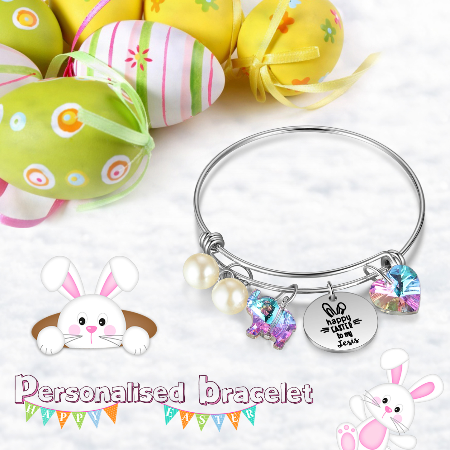 Easter Gifts Personalised Bunny Bangle Bracelet With Name Peals Crystals Bangle Gifts For Her-Jessemade AU