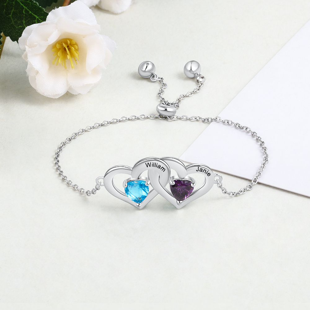 Personalised Heart Bracelet With 2 Birthstones Engraved Names Bracelet Gift For Women-Jessemade AU