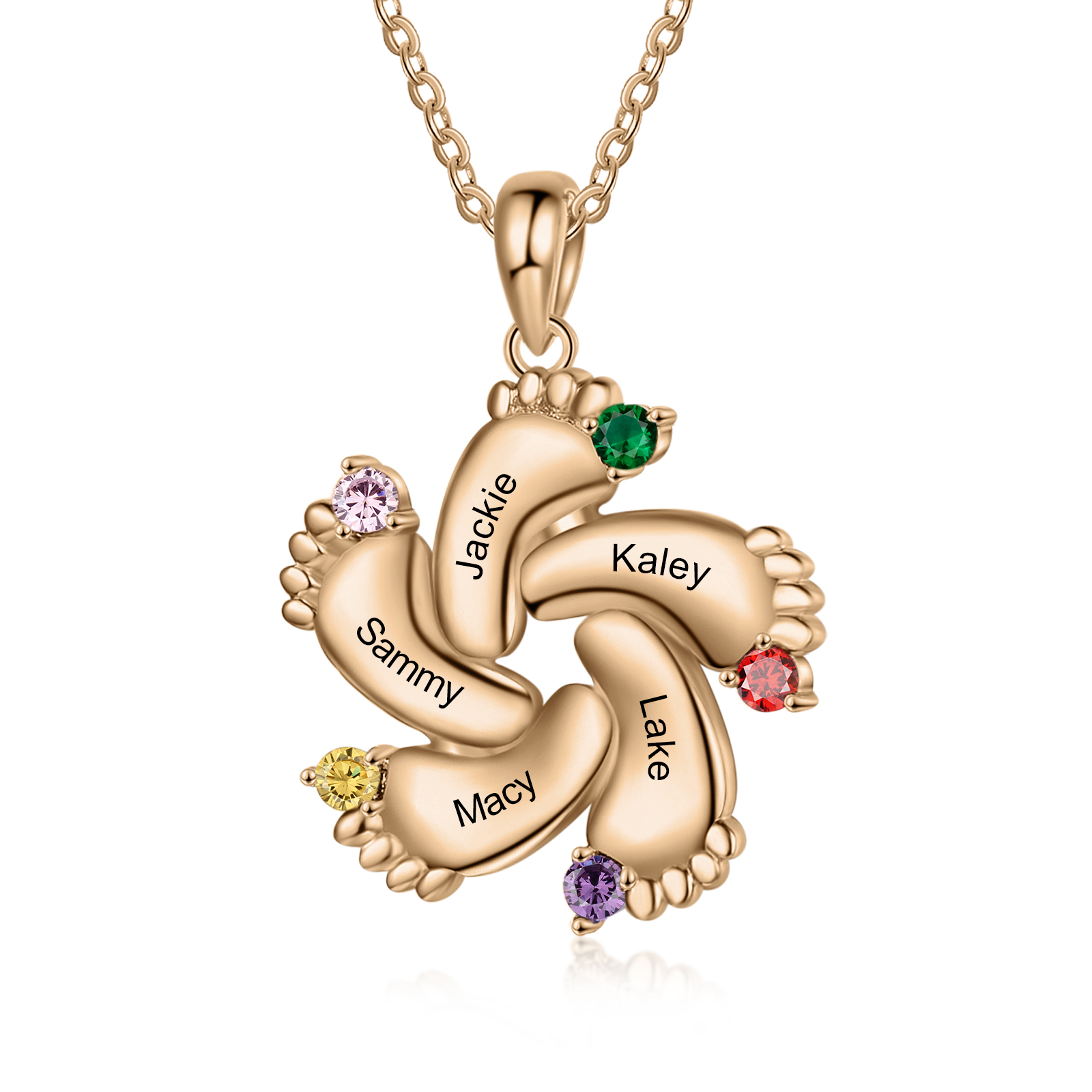 Personalised Baby Feet Necklace With 5 Birthstones Engraved Names Gift For Mother-Jessemade AU