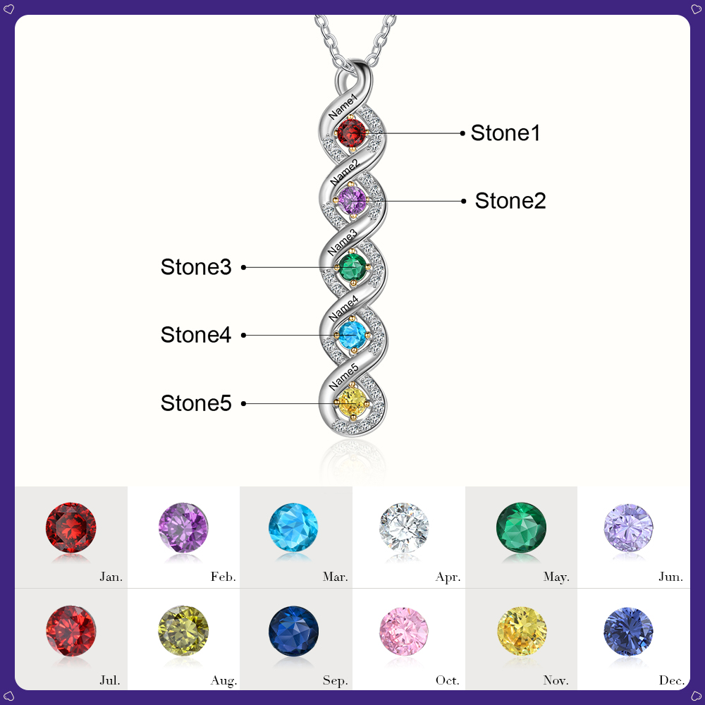Personalised DNA Necklace With 5 Birthstones Engraved Names Gift For Women-Jessemade AU