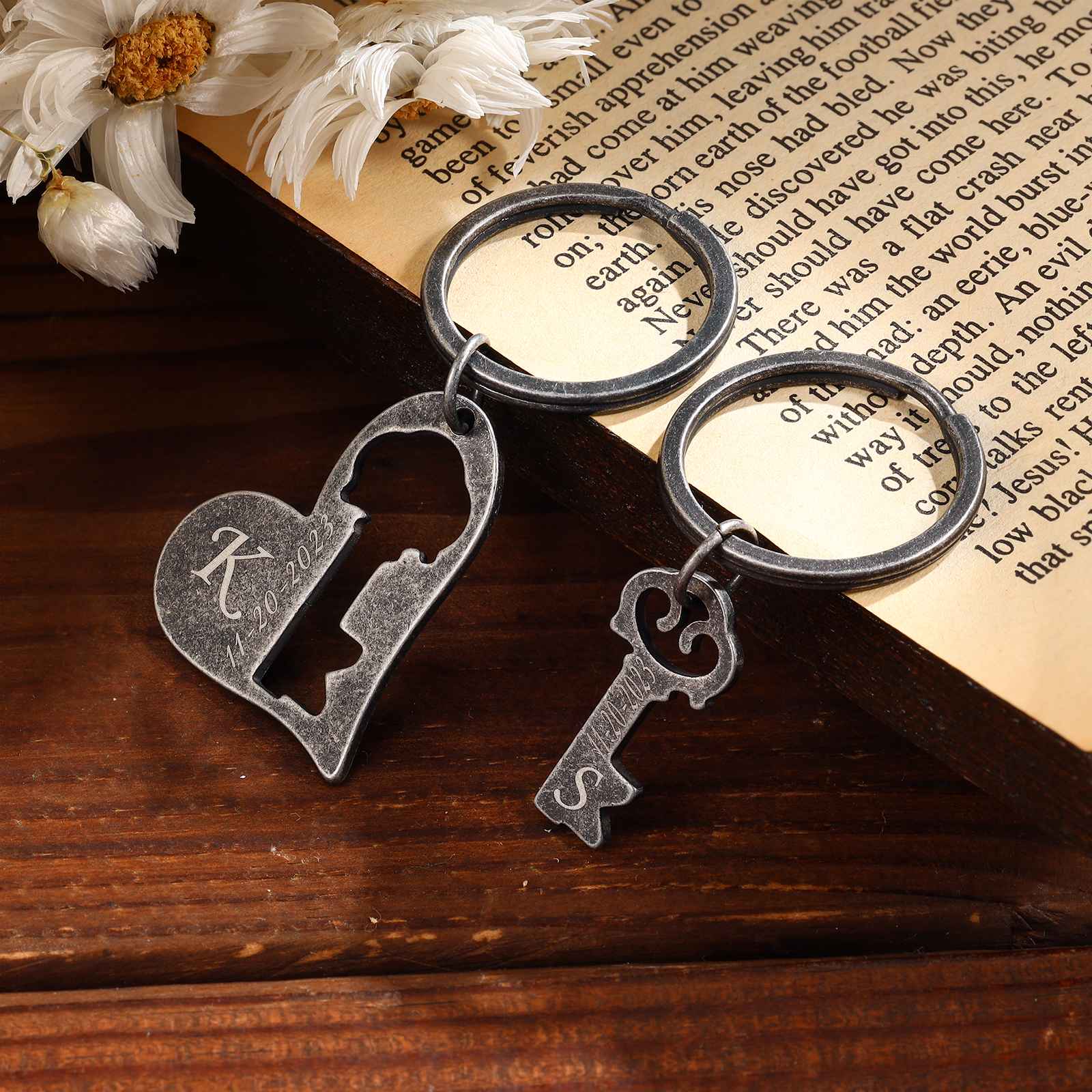 2 PCS Couple Keychain Set Custom 2 Letters & Date Keyring Stainless Steel Keychain Valentine's Day Gift for Him/Her-Jessemade AU