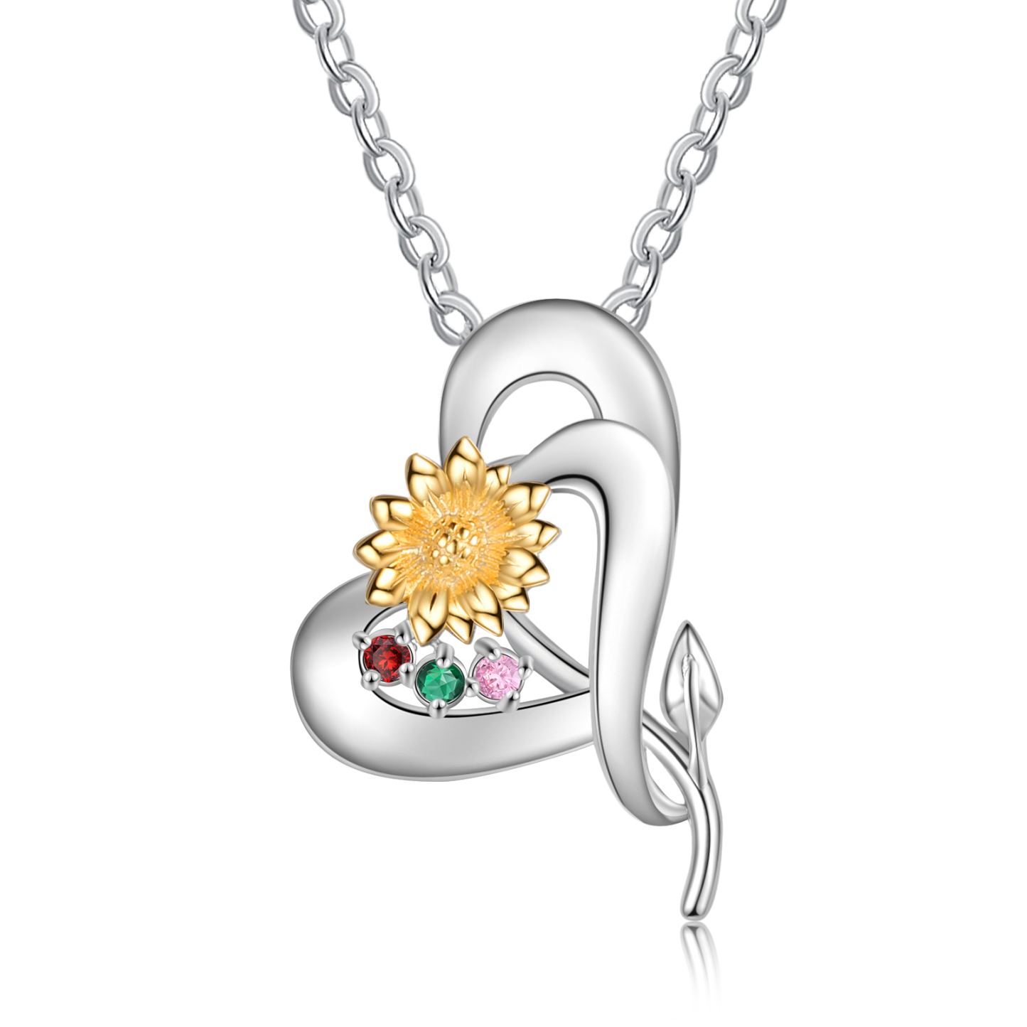 Personalised Sunflower Necklace With 3 Birthstones Engraved Names Necklace Gift For Women-Jessemade AU