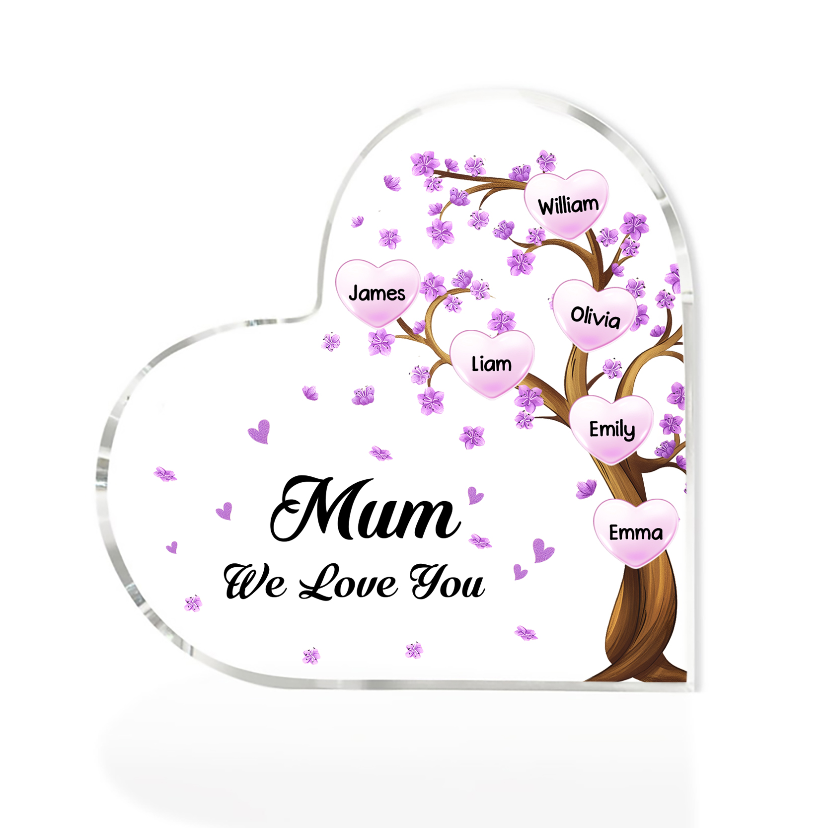 6 Names - Personalised Acrylic Heart Keepsake Custom Text Purple Flowers Tree Ornaments Gifts for Grandma/Mother-Jessemade AU
