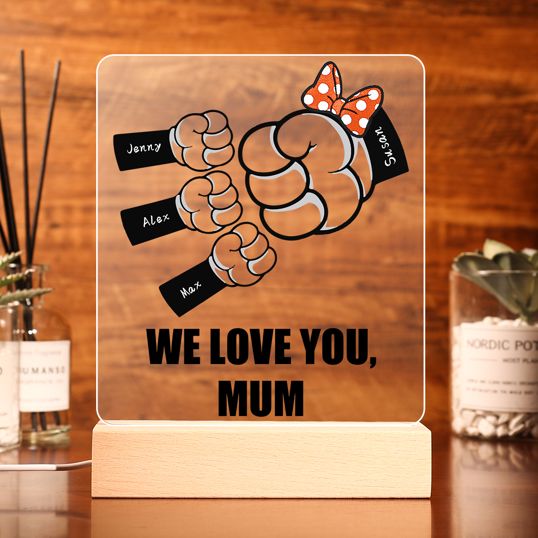 4 Names - Personalised Acrylic Night Light Custom Names & Text Fist Bump LED Lamp Gifts for Family-Jessemade AU
