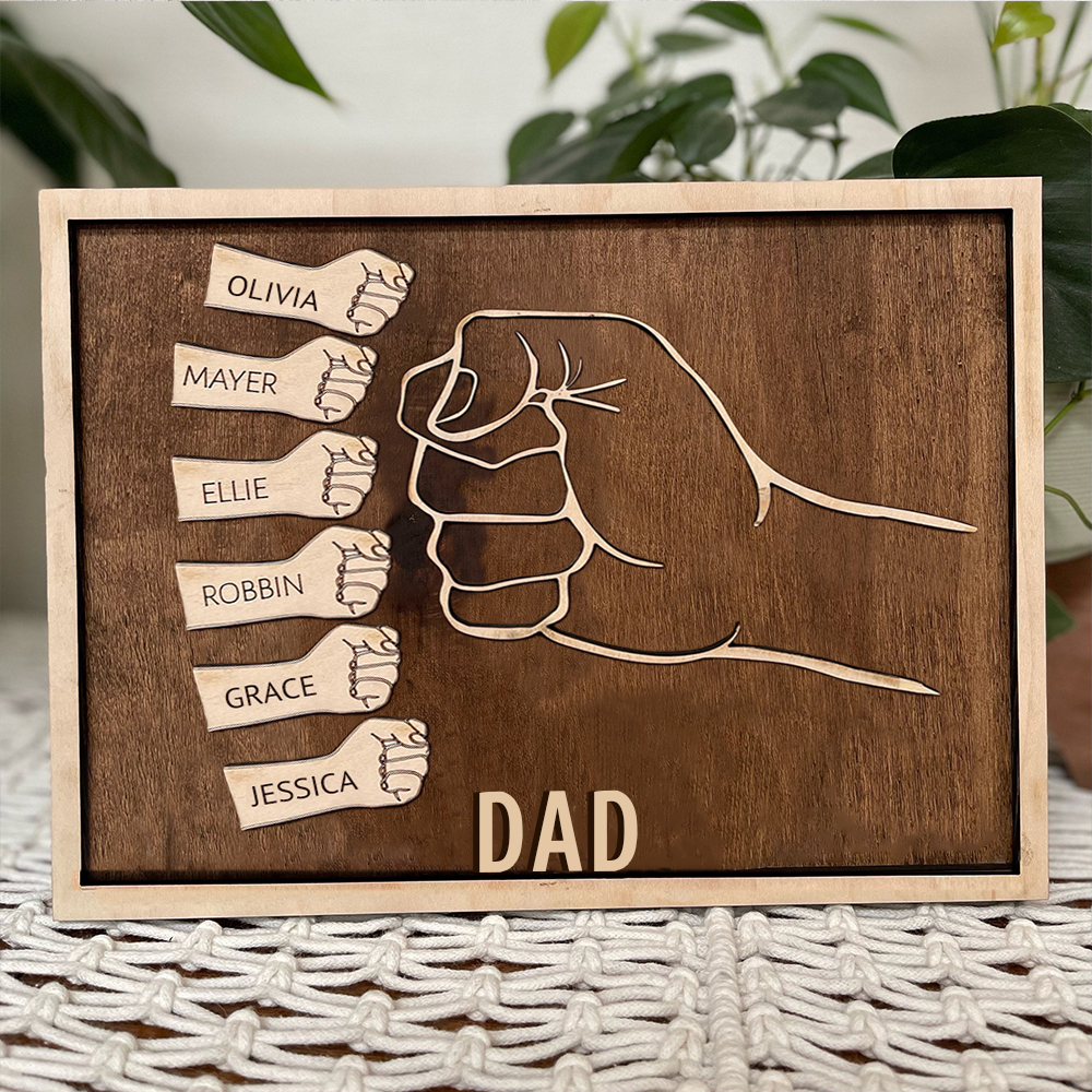 Father and Sons/Daughters Fist Signs Engrave 6 Names Family Bond Wood Frame-Jessemade AU