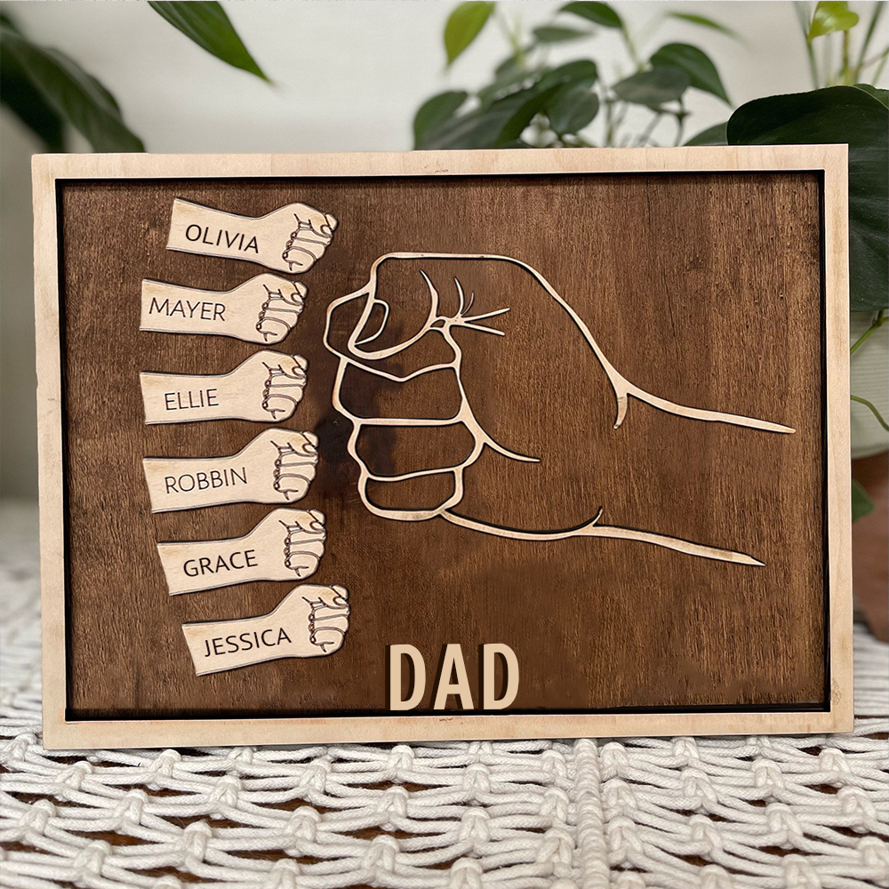 Father and Sons/Daughters Fist Signs Engrave 6 Names Family Bond Wood Frame-Jessemade AU
